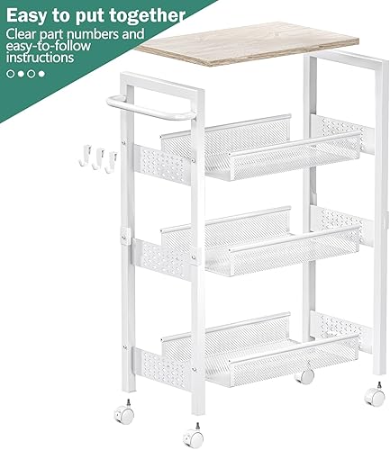 Miniatura 8 de Carrito de Almacenamiento Utilitario Delgado con Ruedas, Carrito Rodante Pequeño de 4 Niveles con Superficie de Madera, Carrito Organizador de Metal