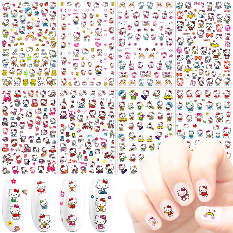 8 Sheets Cute Nail Art Stickers 3D Cartoon Cat Nail Decals Self-Adhesive Nail Stickers for Little Girl Nail Art Supplies Kawaii Nail Design for Women Kids Girls Manicure Decoration Cute Cat 02