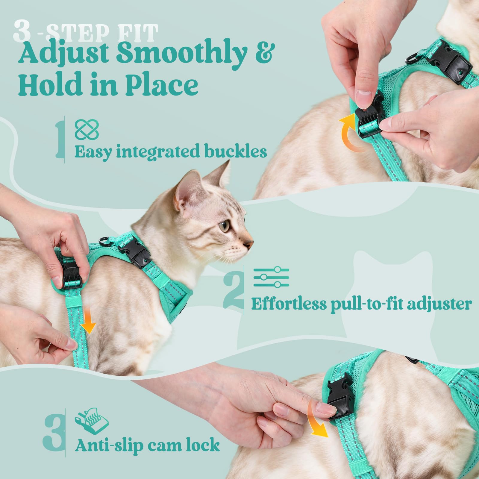 rabbitgoo Cat Harness and Leash, Escape Proof Vest with 3 Adjustable Buckles, Soft Comfortable Kitten Harness, Easy to Wear, Reflective for Safe Outdoor Walking, Medium, Green - 5
