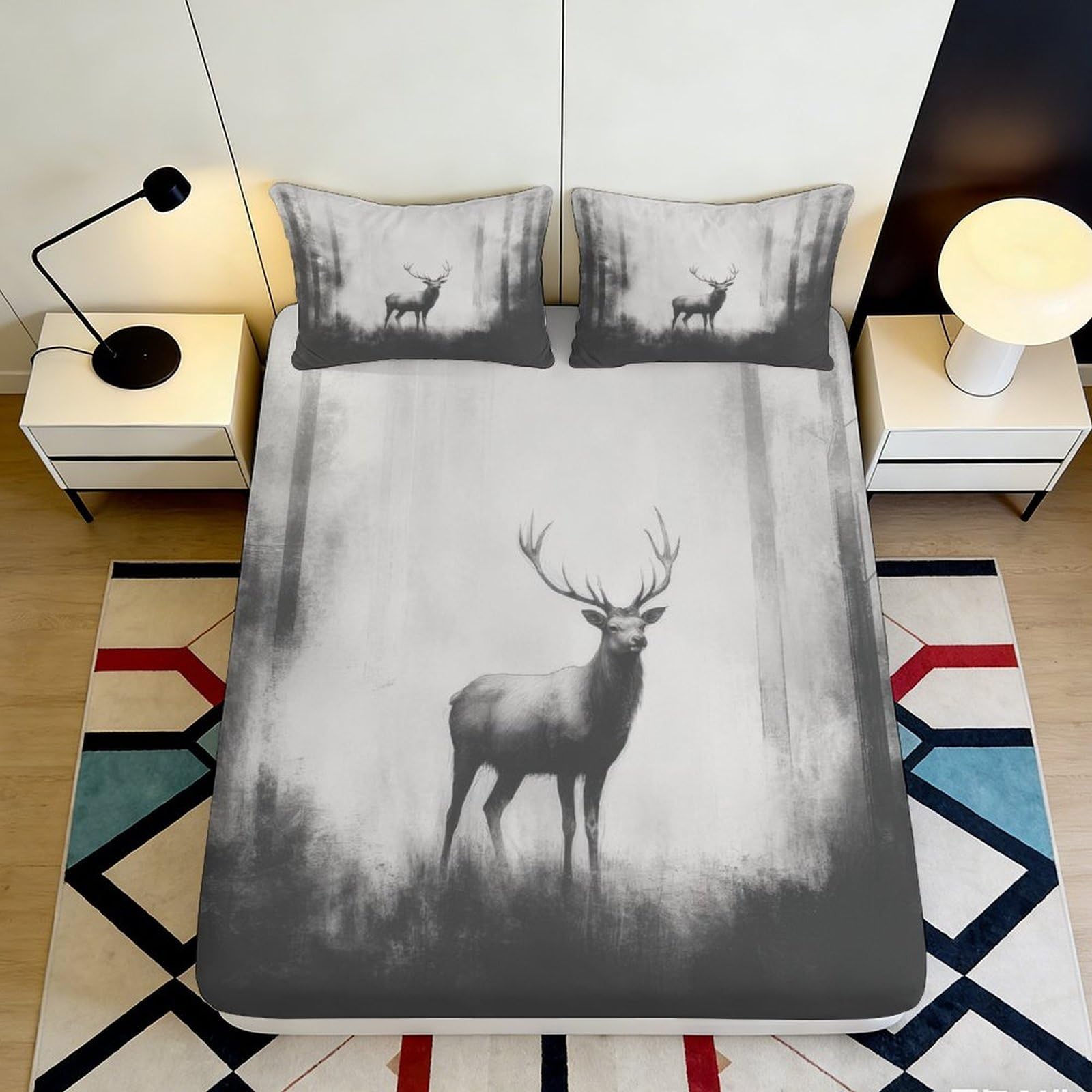 3D Printed Forest Deer Fitted Sheet Microfiber Deep Pocket Non-Slip Elk Mattress Fitted Cover Bedroom Bedding Protector for All Ages Washable 90x200x25cm