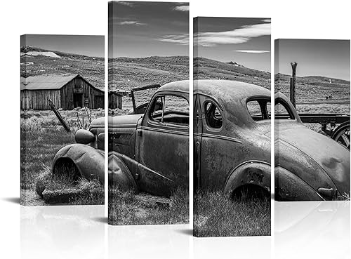 Miniatura 1 de Canvbay Lienzo de 4 paneles en blanco y negro con diseño de camión viejo, para pared, pintura oxidada abandonada, pintura automotriz, arte vintage