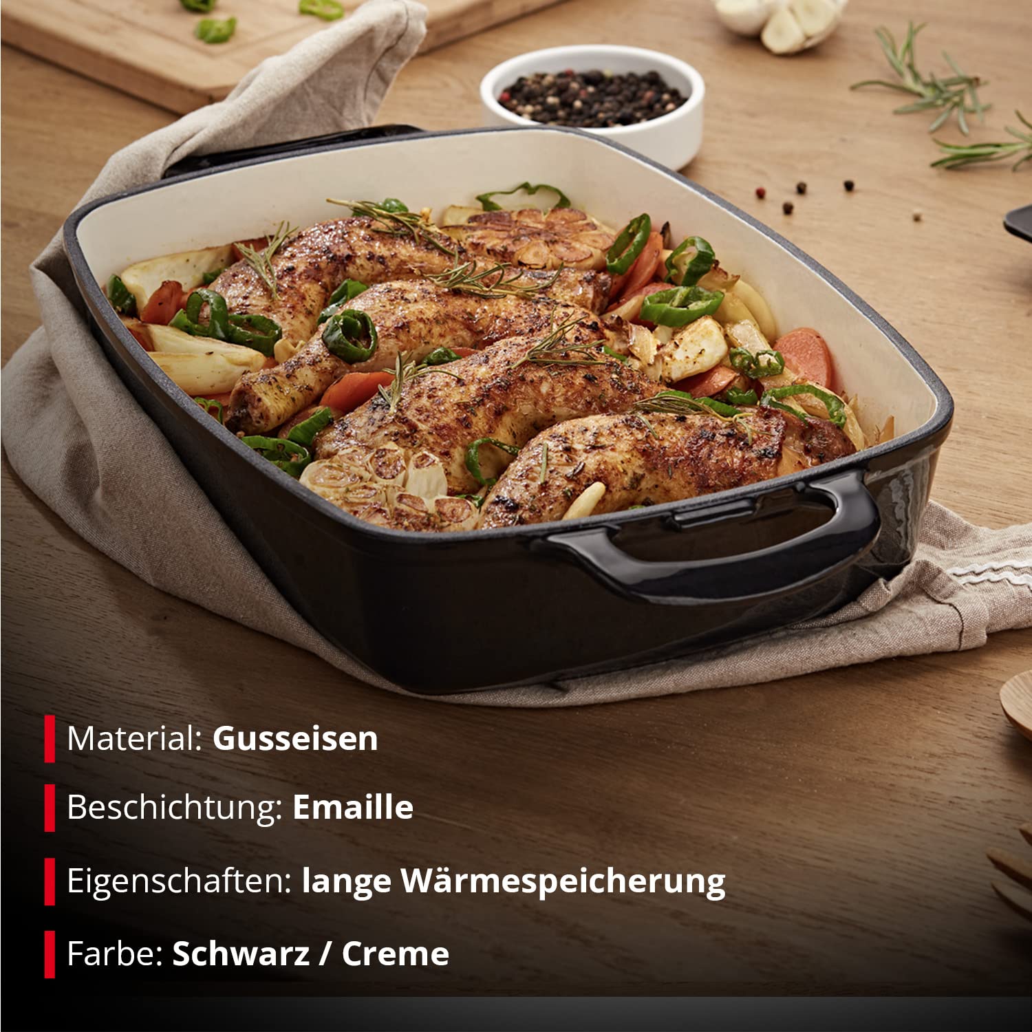 MEISTERKOCH Bräter aus Gusseisen in Schwarz/Creme, 44,5 x 27 cm, 5 Liter Volumen, Induktion, spülmaschinengeeignet, handliche Griffe, auch für Elektroherd, Glaskeramik-Herd und Gasherd