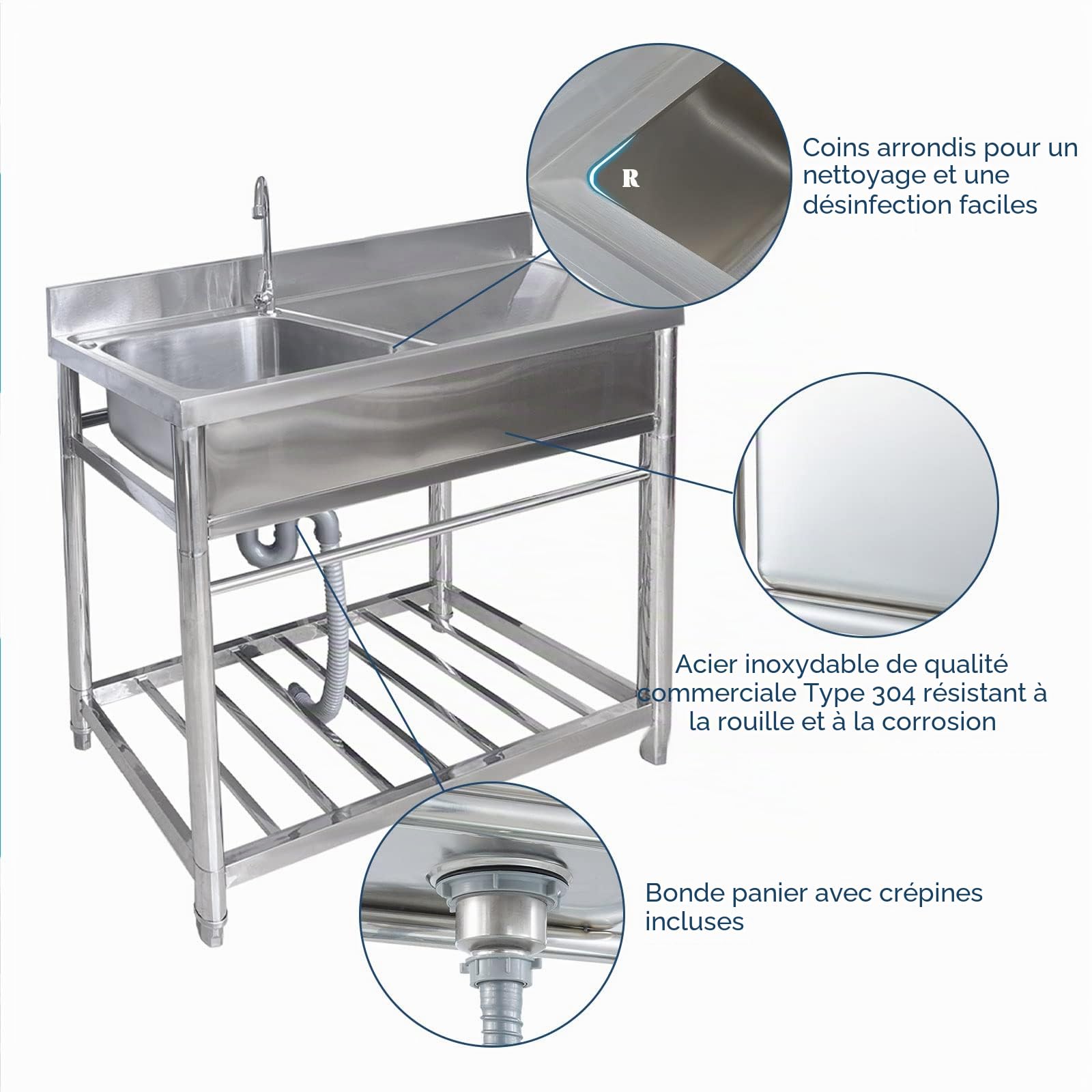 Évier de Restauration sur pied en Acier Inoxydable 304 pour Buanderie, avec Robinet et Vidange, plan de Travail, Éviers Industriels pour Garage, Éviers Commerciaux pour Restaurant, Atelier