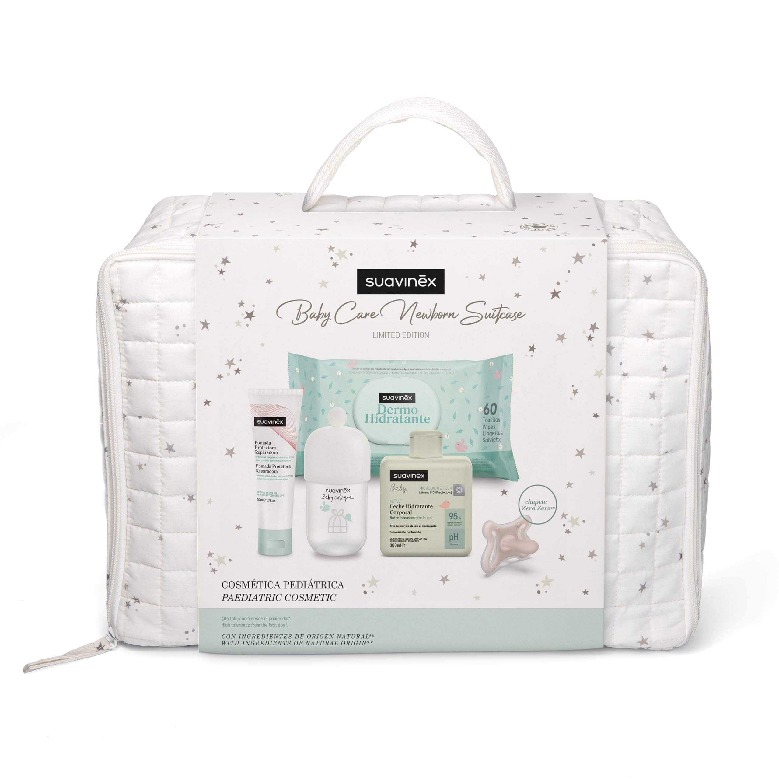 Suavinex, Canastilla Bebé Recien Nacido, Regalo Nacimiento con Maleta de Hospital con: Chupete Zero Zero 0/6 Meses + Baby Cologne 100 ml + Crema del Pañal 50 ml + Toallitas + Leche Hidratante 300 ml