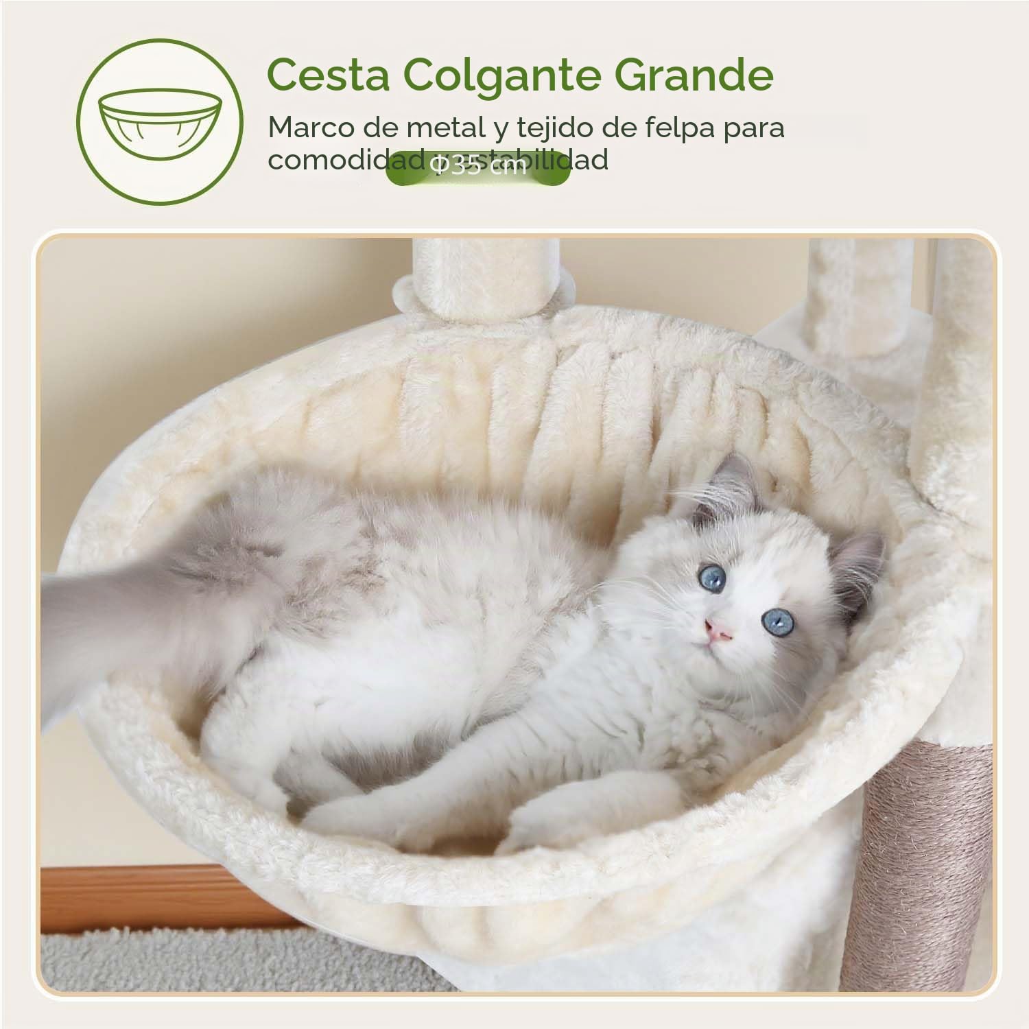 Globlazer Árbol Rascador para Gatos Beige Grande 188 cm Alto con 2 Nidos, Grande Plataforma Acolchada, Felpa Cesta, Peluche Juguetes, Estable Torre para Gatos Adultos Descansar Jugar (F74B, Beige)