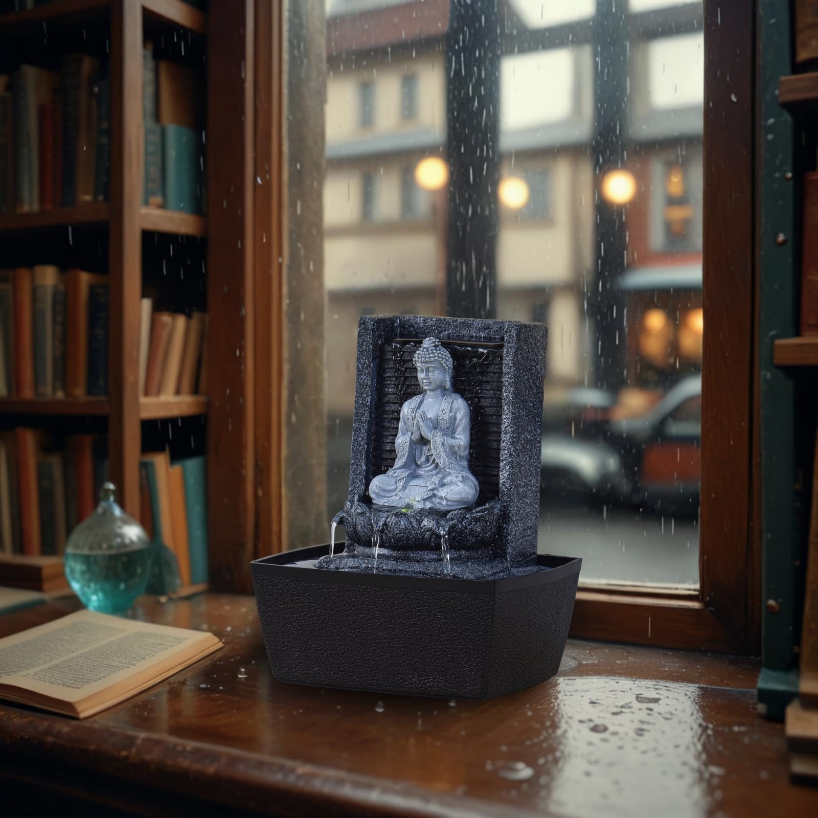 Fontaine d’Intérieur Bouddha Mur d’Eau Cascade Lotus Lumière LED Blanc – Déco Zen Salon Chambre Feng Shui - Fontaine de Table Circuit fermé - Cadeau Utile– H 26cm – Nirvana Zen’Light