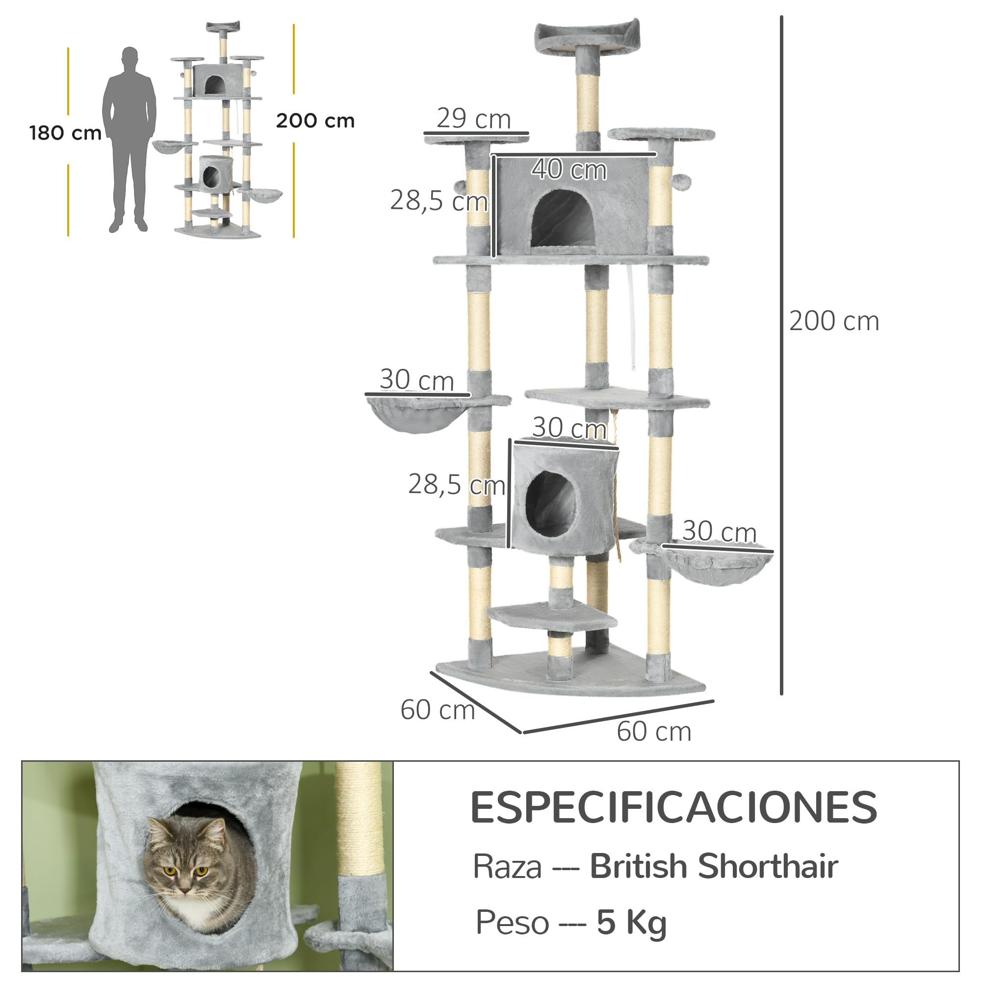 PawHut Árbol Rascador para Gatos Altura 200 cm Torre 60x60x200 cm Gris | Torre para Gatos, 2 Cuevas, 2 Hamacas, Cama, Múltiples Plataformas, Postes de Sisal, Bolas de Juguete