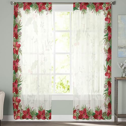 Miniatura 2 de Cortinas traslúcidas con silueta de pino floral de flor de pascua, 72 pulgadas de largo, juego de 2 paneles de cortinas semitransparentes con