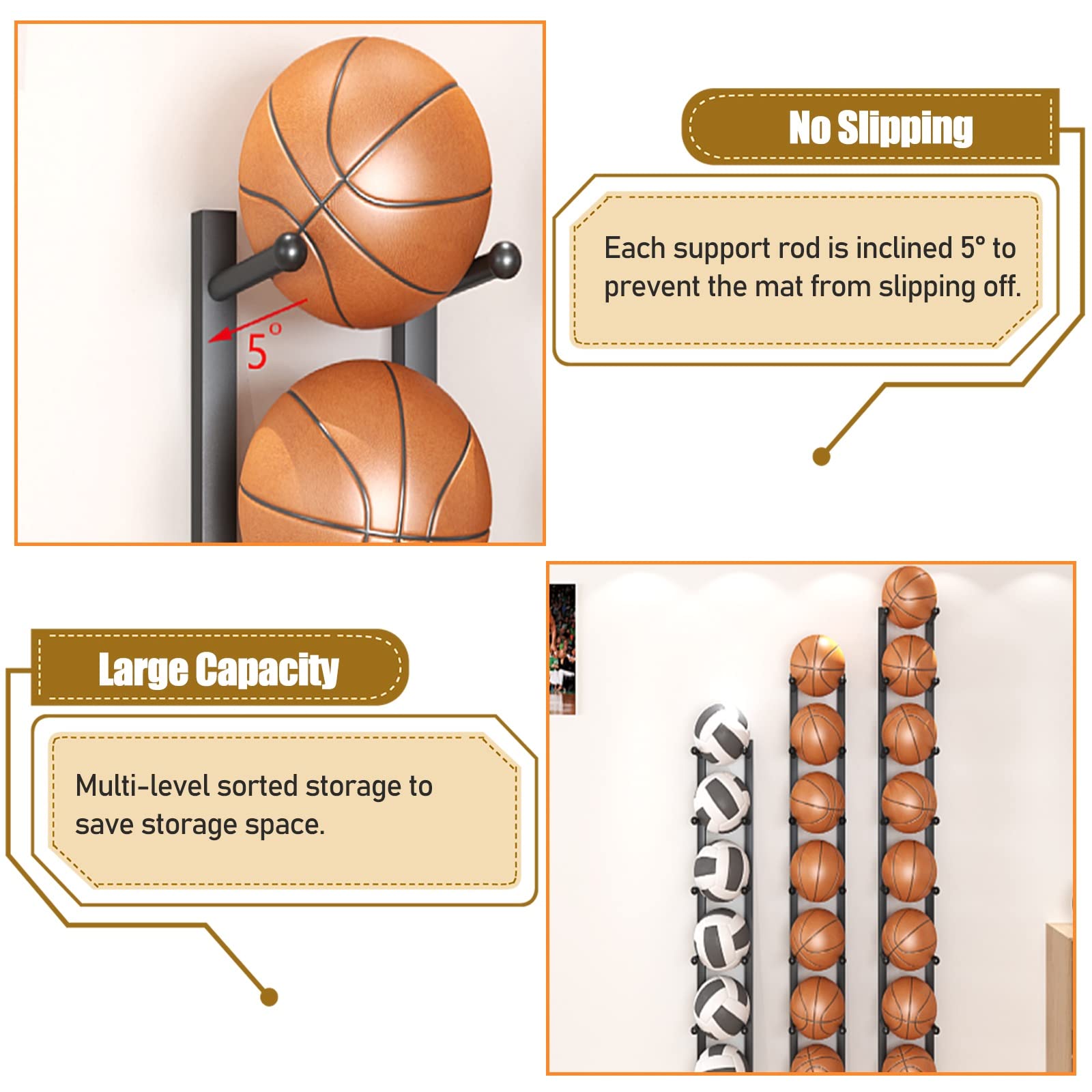 Soporte de pared para esterilla de yoga, estante de almacenamiento de 5 niveles, estante de acero resistente para gimnasio, estudio, garaje, organizador multiusos montado en la pared