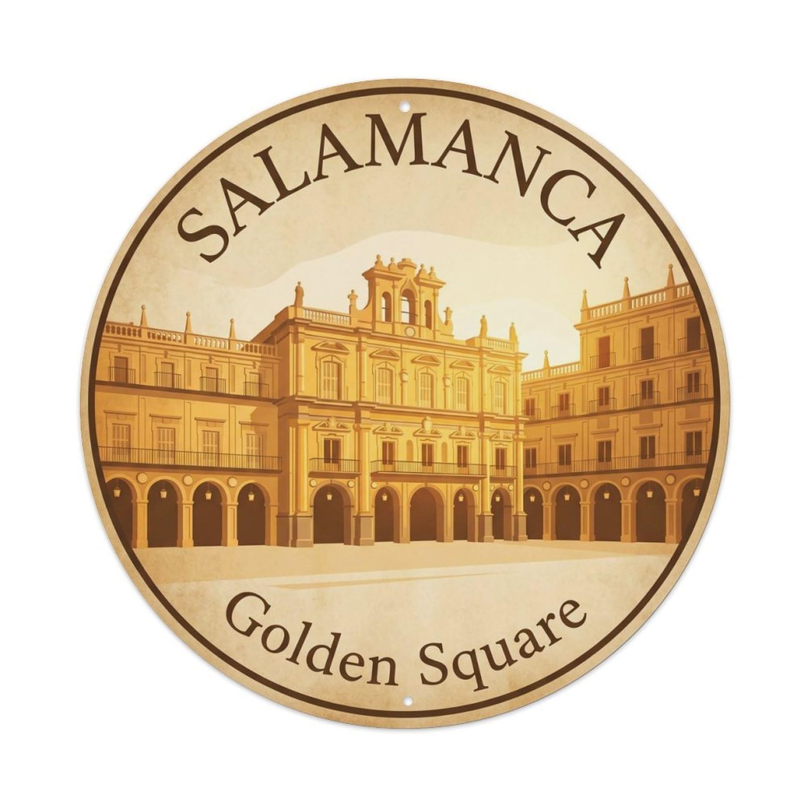 Vintage Travel Salamanca Plaza Mayor Metal Tin Sign Plaque Wall Decor for Cafe, Club, Garden Round Metal Poster 8x8Inch