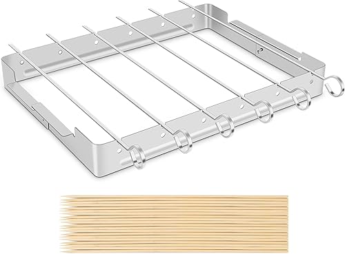 Unicook Juego de brochetas de acero inoxidable mejorado, 6 pinchos de 13.5 pulgadas de largo con estante plegable grande para parrilla, evita que