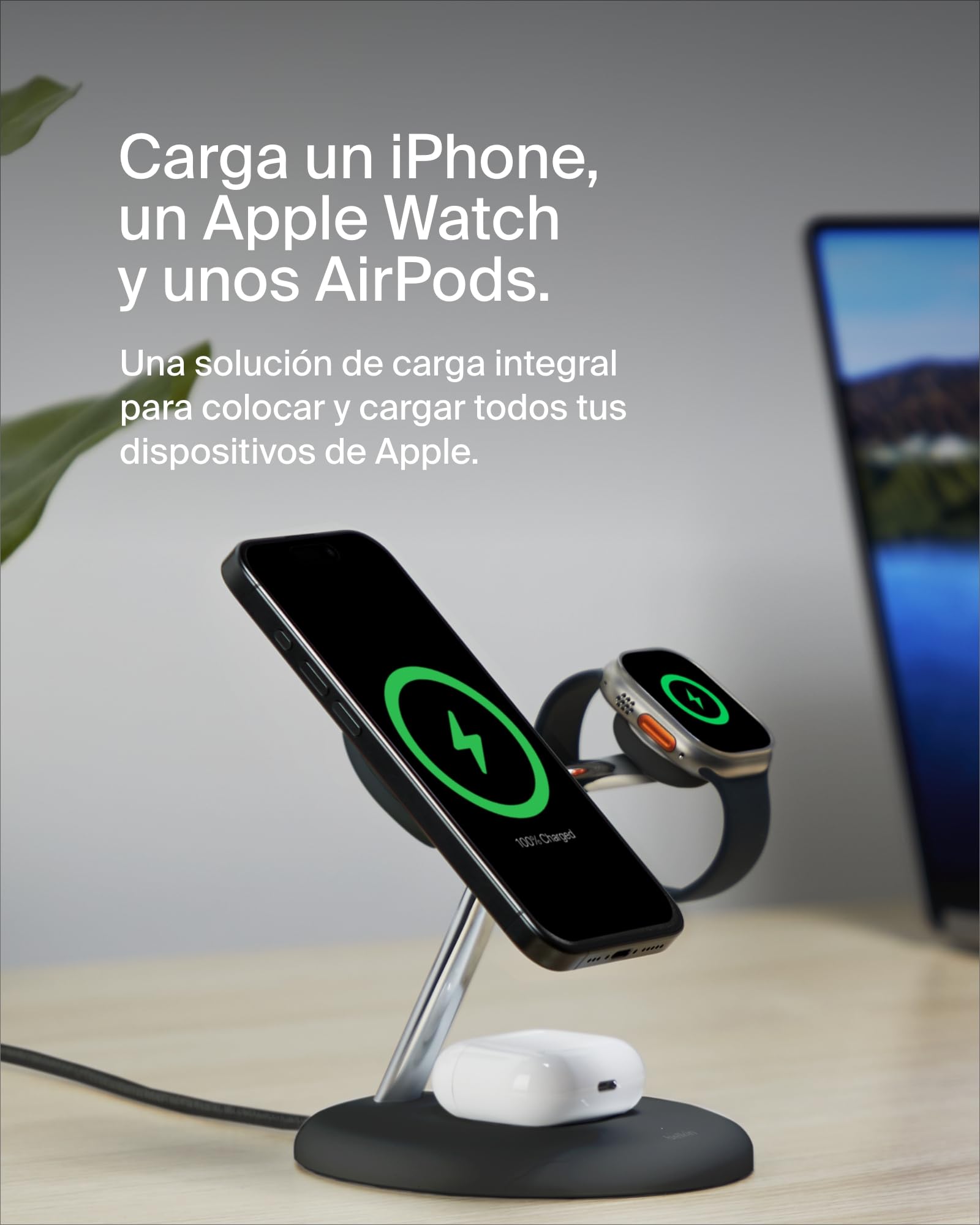 Belkin Soporte de Carga Inalámbrica 3 en 1 con MagSafe, Cargador Magnético Qi2, 15W, Carga Rápida para iPhone 17, Air, Pixelsnap, AirPods, Apple Watch y otros (fuente de alimentación incluida) - Negro