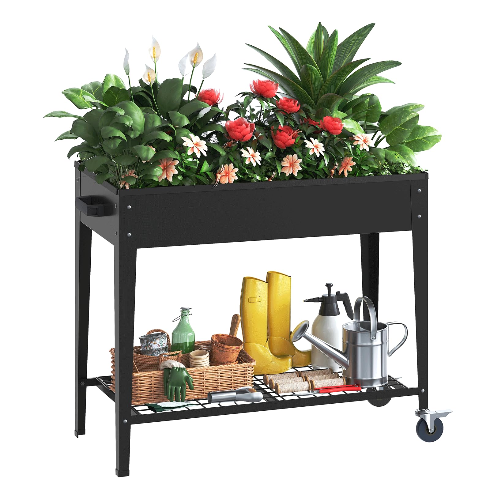 LARMNEE Hochbeet mit Rädern und Ablage, Metall Pflanzenbeet, Pflanzbeet, Gartenbeet, Pflanzkasten, Blumenkasten, Kräuterbeet, Gemüsebeet, 83,5 x 40 x 76 cm, für Terassen, Garten, Schwarz EBK02MP02