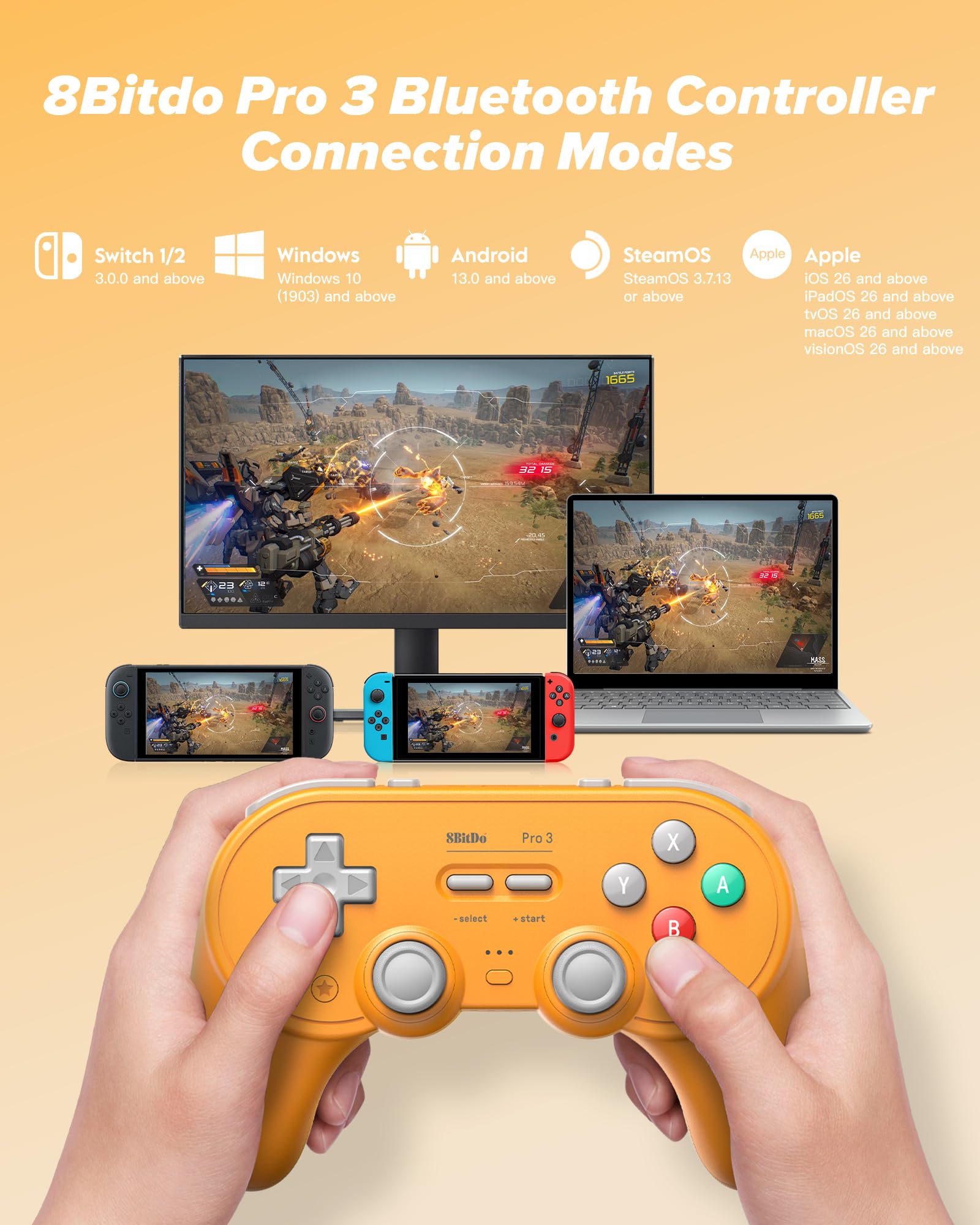 8Bitdo Pro 3 Controller Bluetooth con Joystick TMR, Pulsanti ABXY Intercambiabili, Pulsanti Posteriori Pro, Dock Ricarica, Grilletti Effetto Hall per Switch/Switch 2, Windows, Apple, SteamOS, Android