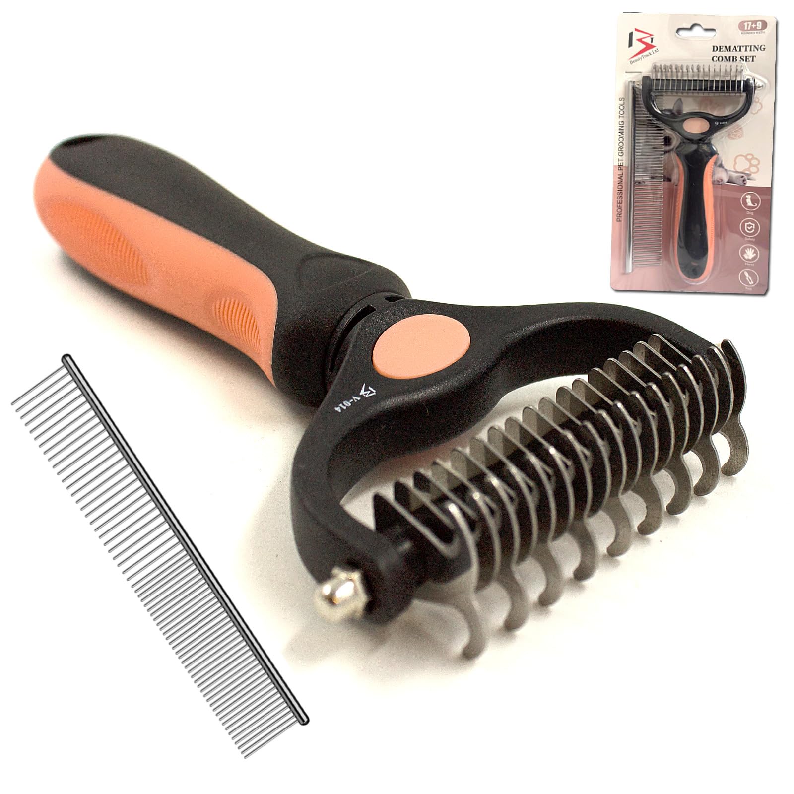 BeautyTrack Pet Dematting Comb Set, Dual-Sided Grooming Rake for Dogs and Cats, Professional Deshedding Tool with Stainless Steel Teeth, Pet Grooming Rake and Brushes for Small & Medium (Melon, L)