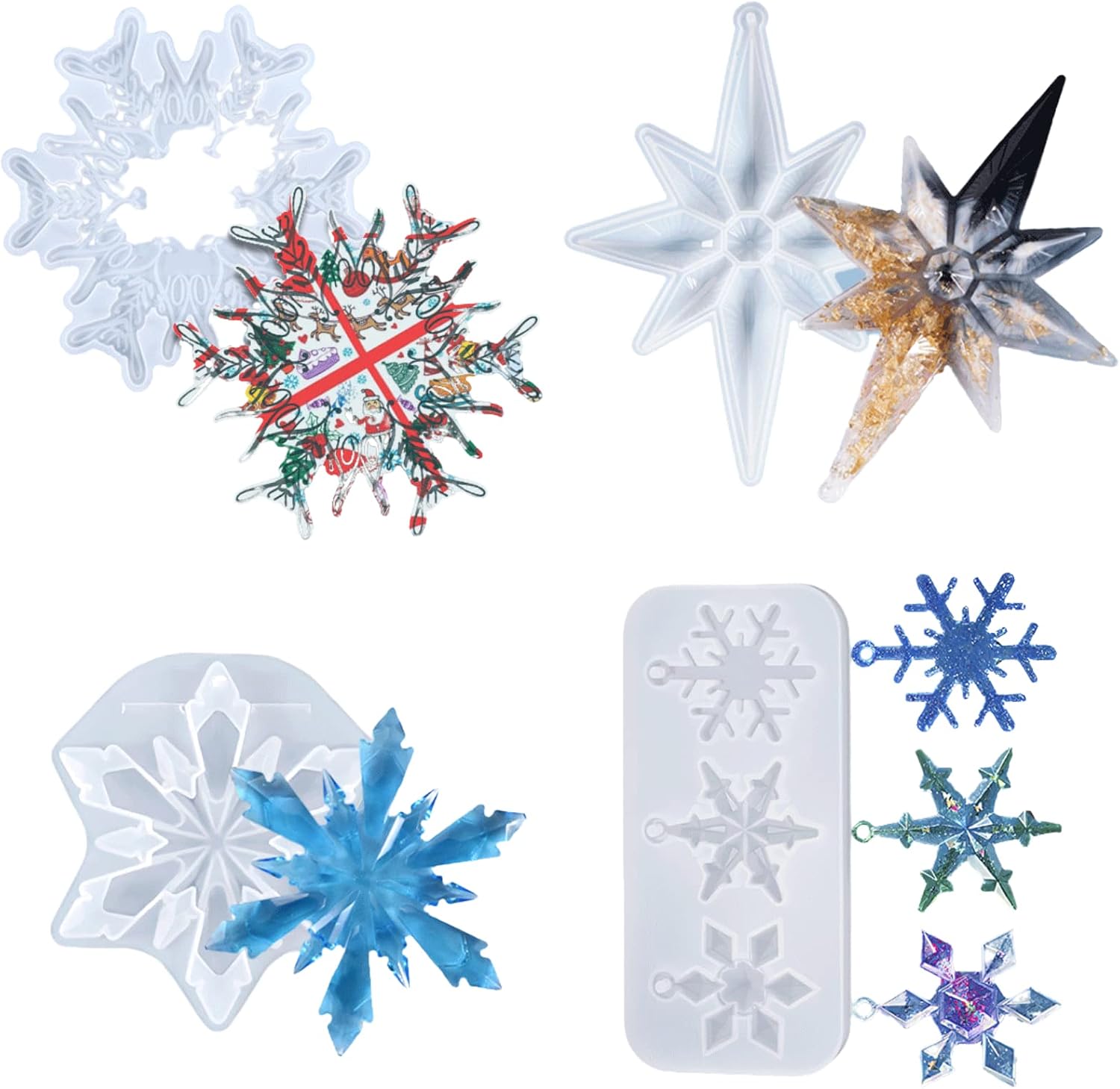 EBGRF Resin Mold Silicone, 4pcs Resin Jewelry Mold with Holes, Resin Snowflake Silicone Mold, DIY Keychain, Necklace, Earrings, Coasters, Perfect for Wedding, Birthday Party Gifts, Decoration