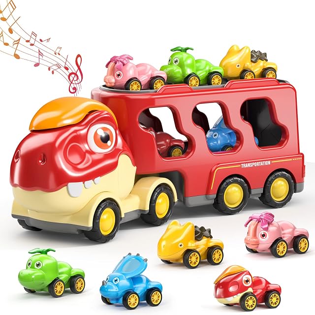 6 in 1 Friction Power Dinosaur Truck Toys for Kids 3-5, Transport Car w/ Sounds Load 5 Cartoon Pull Back Dino Figures Vehicle, Toddler Carrier Truck Play Set, Birthday Gift for 3 Year Old Boys & Girls