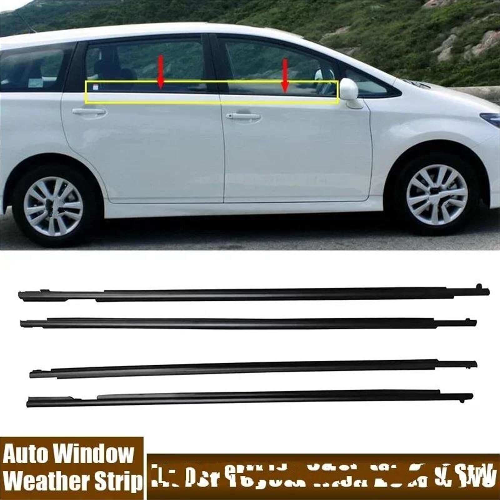 Uszczelki do szyb drzwi (zestaw 4 sztuk) do Toyota Wish (2010-2016), czarna guma, akcesoria samochodowe, paski dekoracyjne.