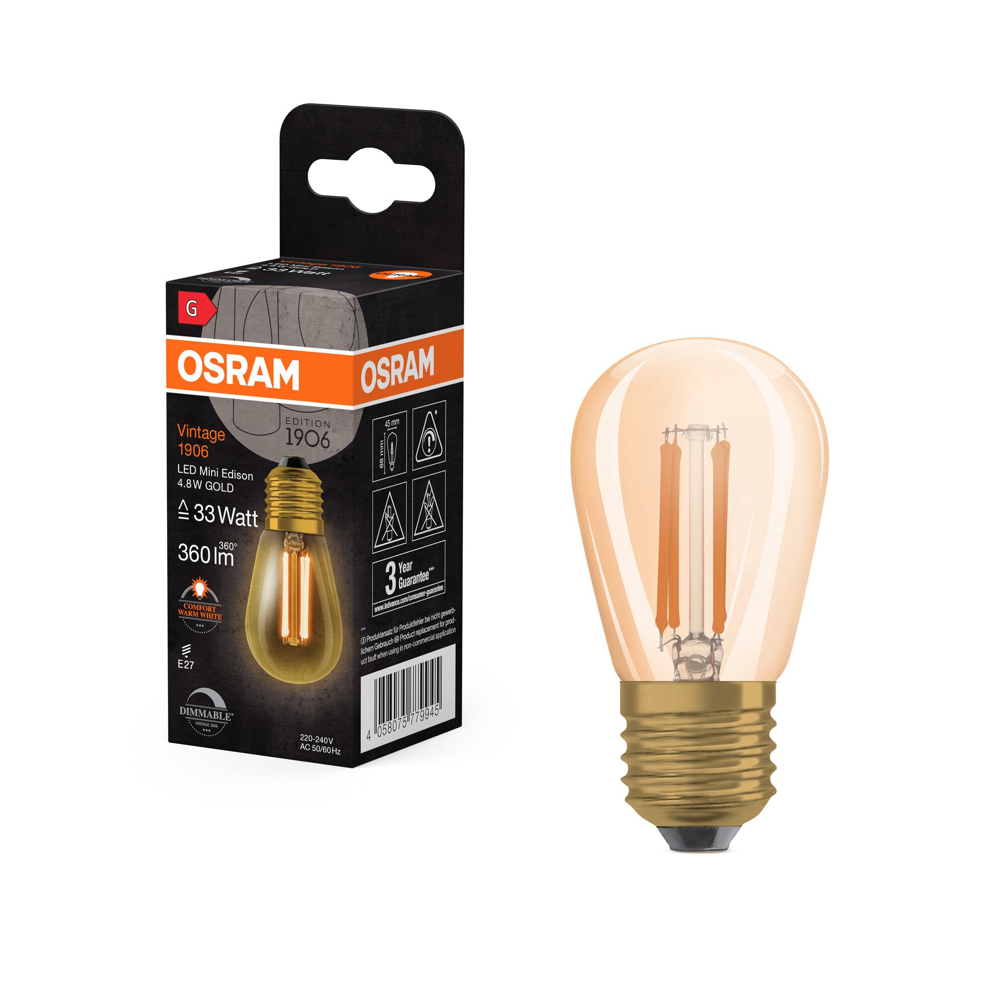 OSRAM Vintage 1906 Gold Tinted LED lamp, 4.8W, 360lm, mini Edison Shape with 45mm Diameter & E27 Base, Warm White Light, Straight Filament, dimmable, Life of up to 15,000 Hours