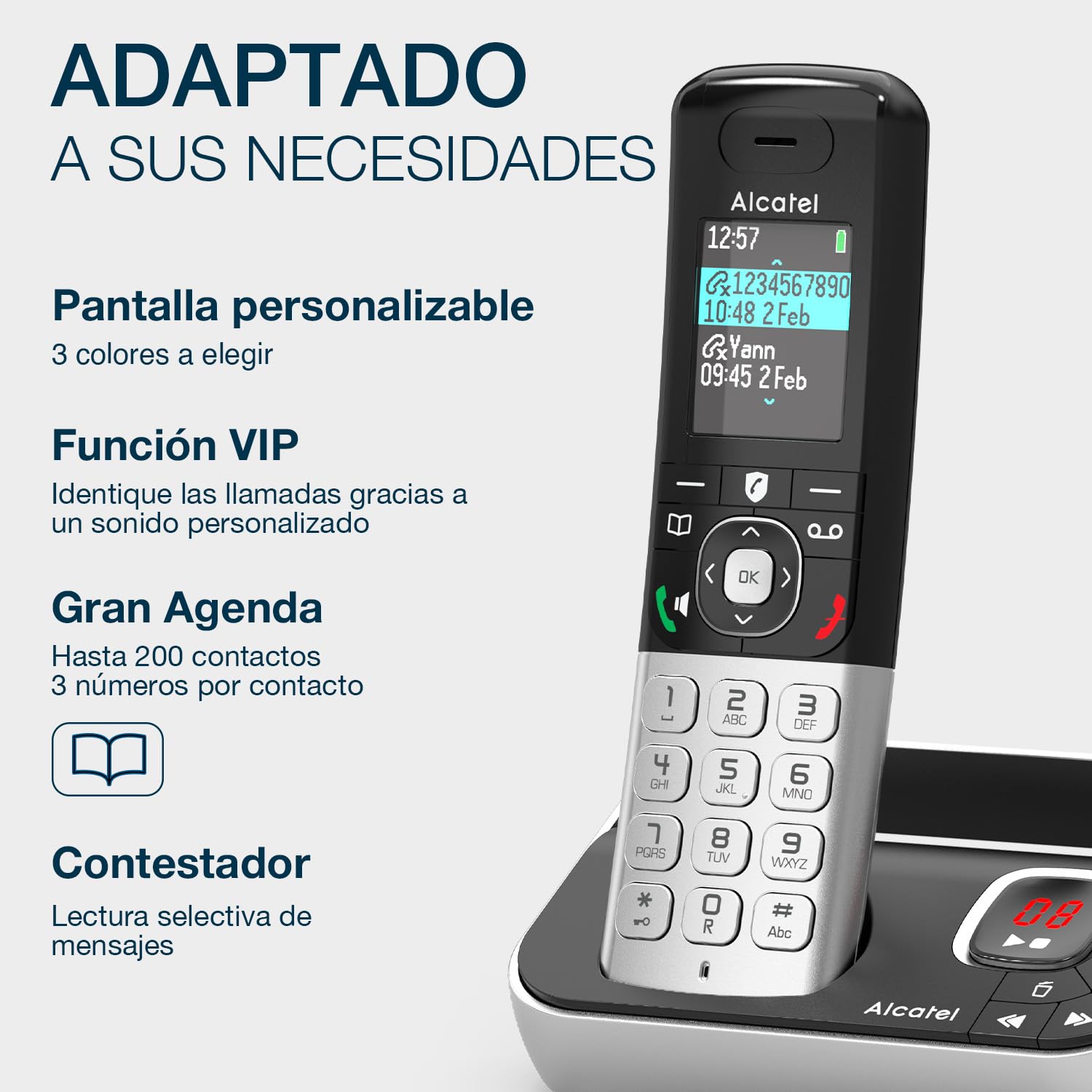 ALCATEL FX990 Voice Teléfono inalámbrico DECT con contestador, pantalla color, manos libres, bloqueo llamadas, 50 min, Negro/Gris