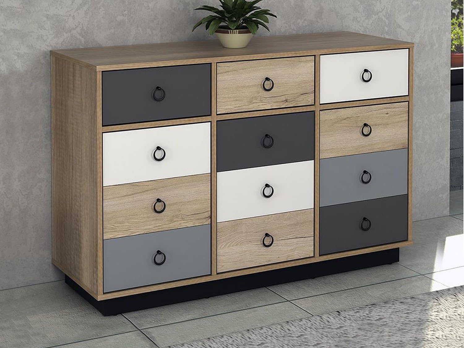 Vente-unique - Commode Krypton - 3 tiroirs et 3 Portes - Coloris : chêne, Blanc et Gris