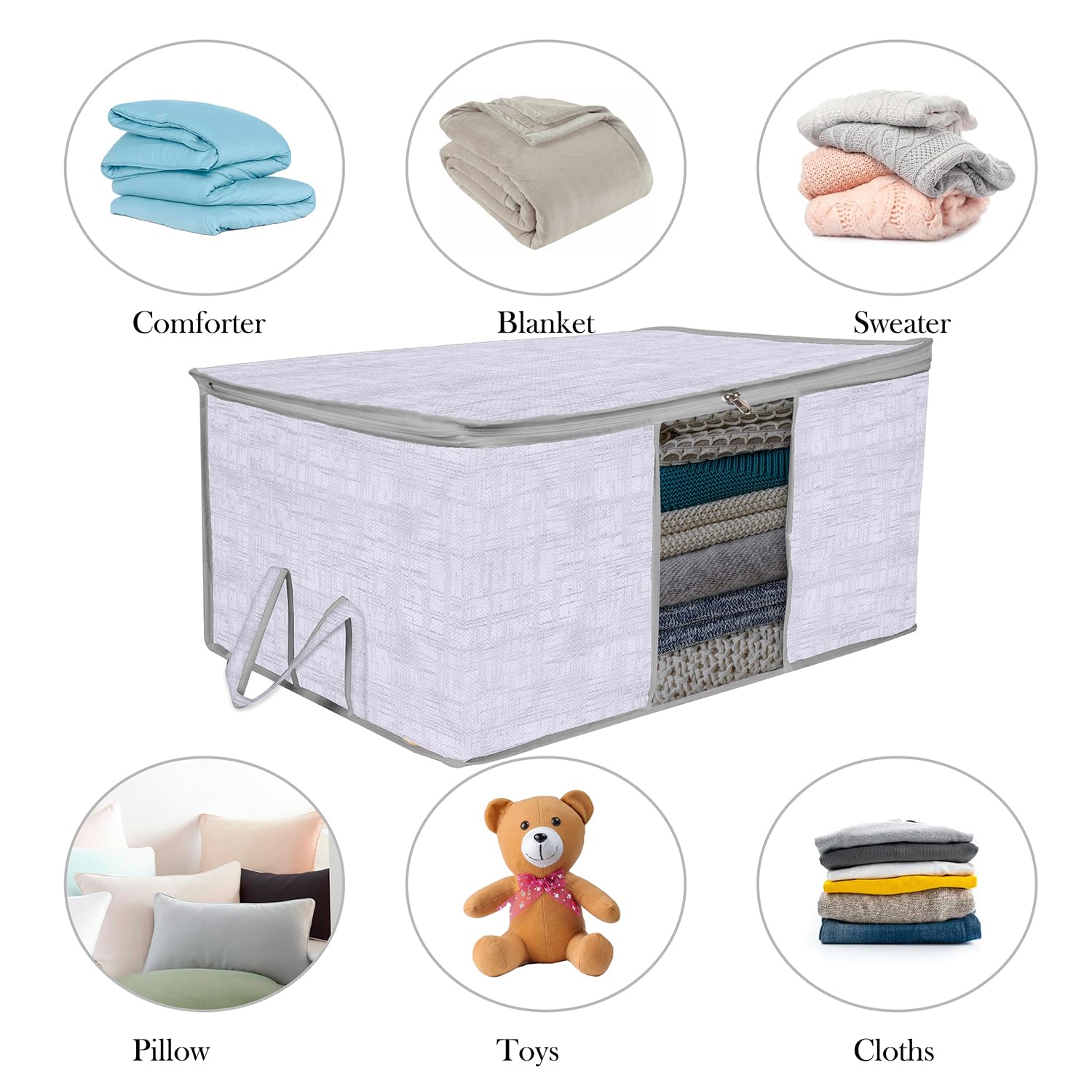 Kuber Industries Unterbett-Aufbewahrungstasche, Kleideraufbewahrung, Organizer, durchsichtiges Fenster, Decken-Abdeckung, Stoff-Organizer mit Griff, Jute-Druck-Design, groß, 6 Stück, Grau