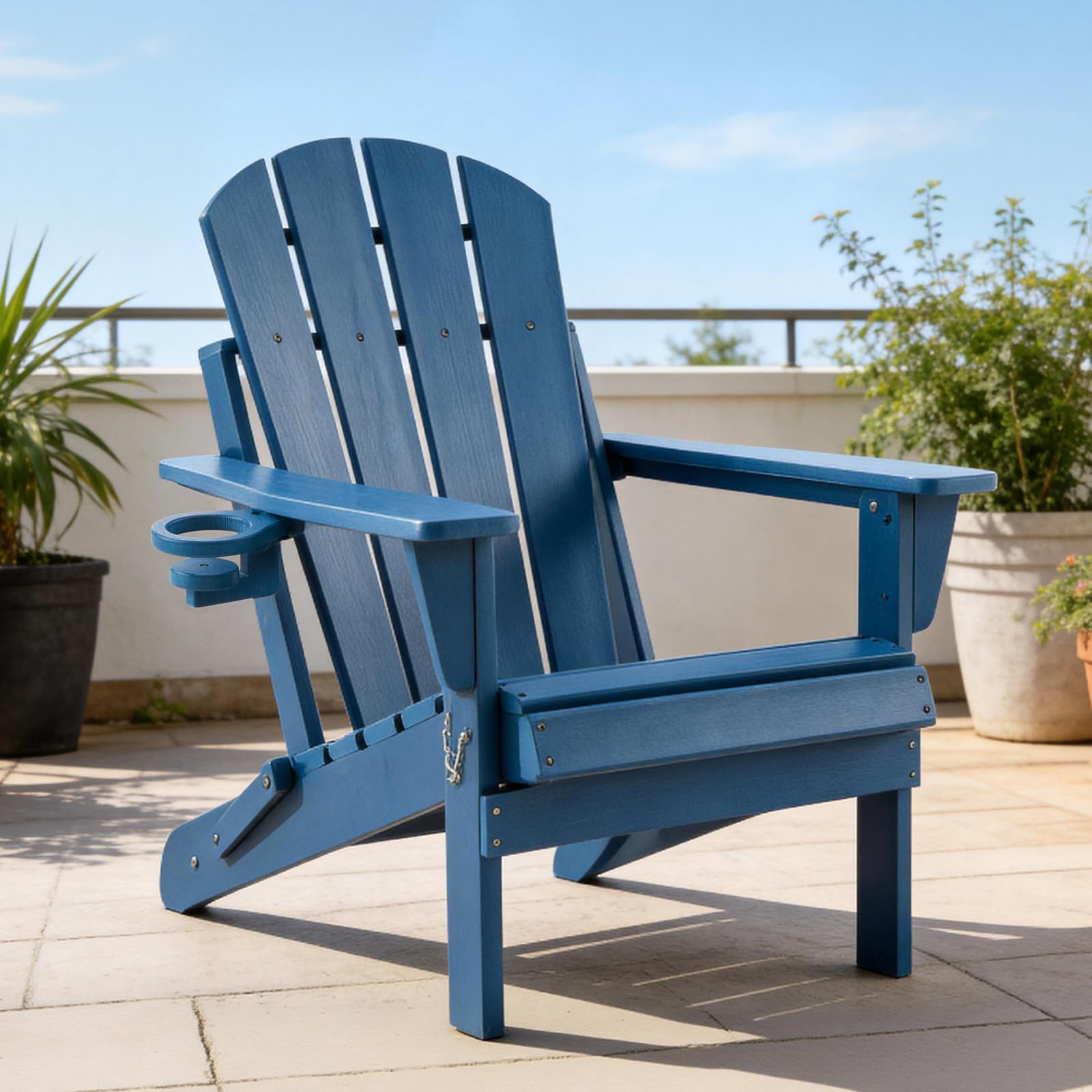 Adirondack Stuhl Klappstuhl mit Getränkehalter, Wetterfest Gartenstuhl Patio Stühle, Gartensessel aus Kunststoff für Garten, Terrasse und Balkon, Blau