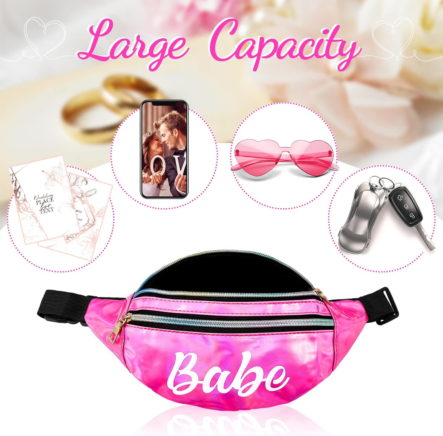 12 Pcs Bachelorette Fanny Packs Bachelorette Party Favors Holographic Shiny with Adjustable Belt for Women Wedding(White, Pink)