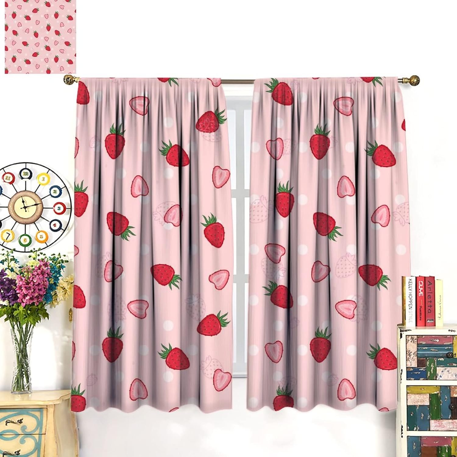 Pink Red Strawberry Rod Pocket Blackout Curtains - Girls Cartoon Cute Fruit Strawberry Print Window Curtains Set Energy Saving Insulated Drapes for Living Room 2 Panels 72L x 31.5W