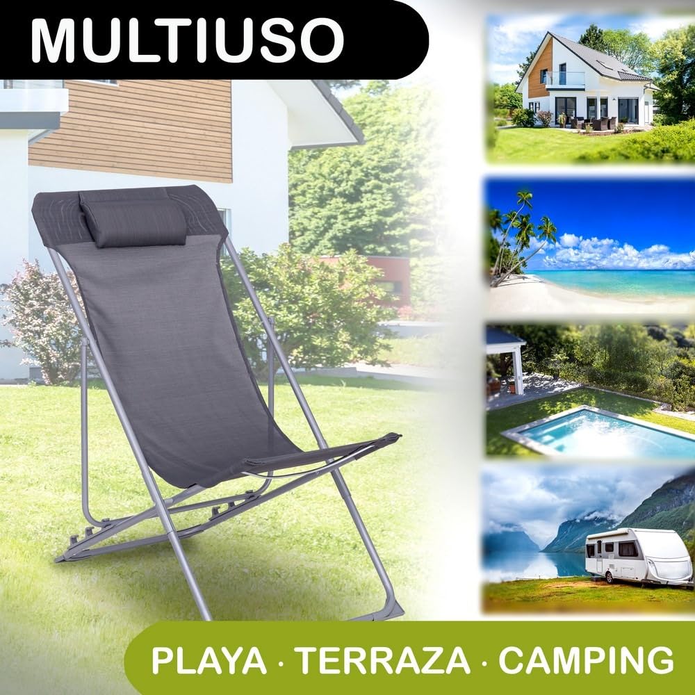 LOLAhome 2 sillas Camping jardín y terraza Plegables Cierre Tijera de Acero con Epoxi anticorrosión y textileno Reforzado Grises