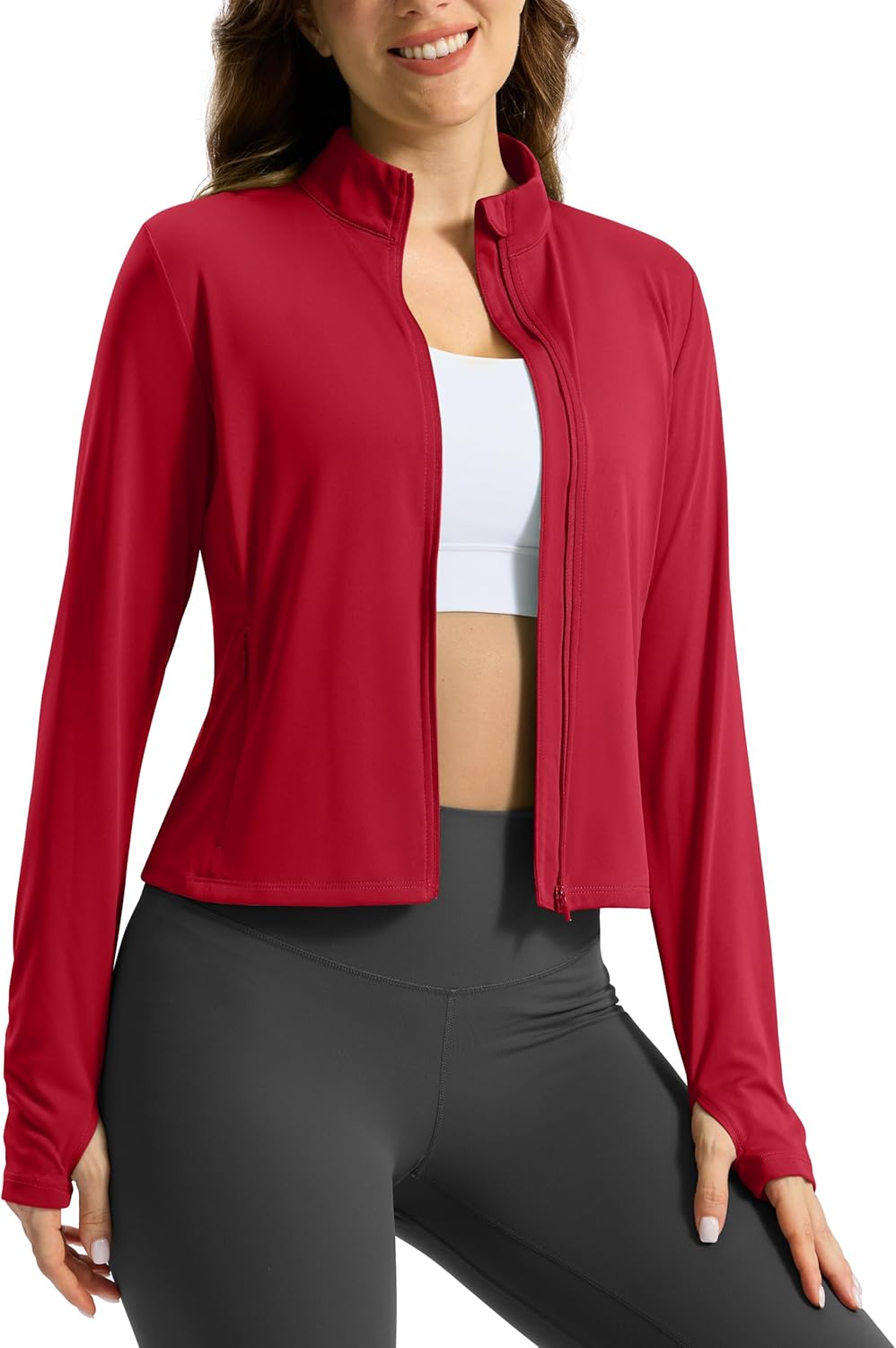 Soothfeel Women's UPF 50+ Sun Protection Athletic Jacket Lightweight Crop Zip Up Long Sleeve SPF Shirts Hiking Workout Pocket Dark RedXS