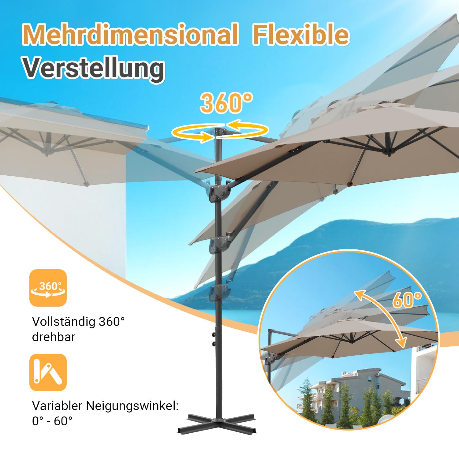 Sonnenschirm 300 cm Ampelschirm 3m, 360° drehbar, Gartenschirm mit Kurbel, 0-60° neigbar, UV50+, 8 Rippen, 48mm Mast, mit Kreuzfuß, optional mit Solar LED, Terrasse Garten