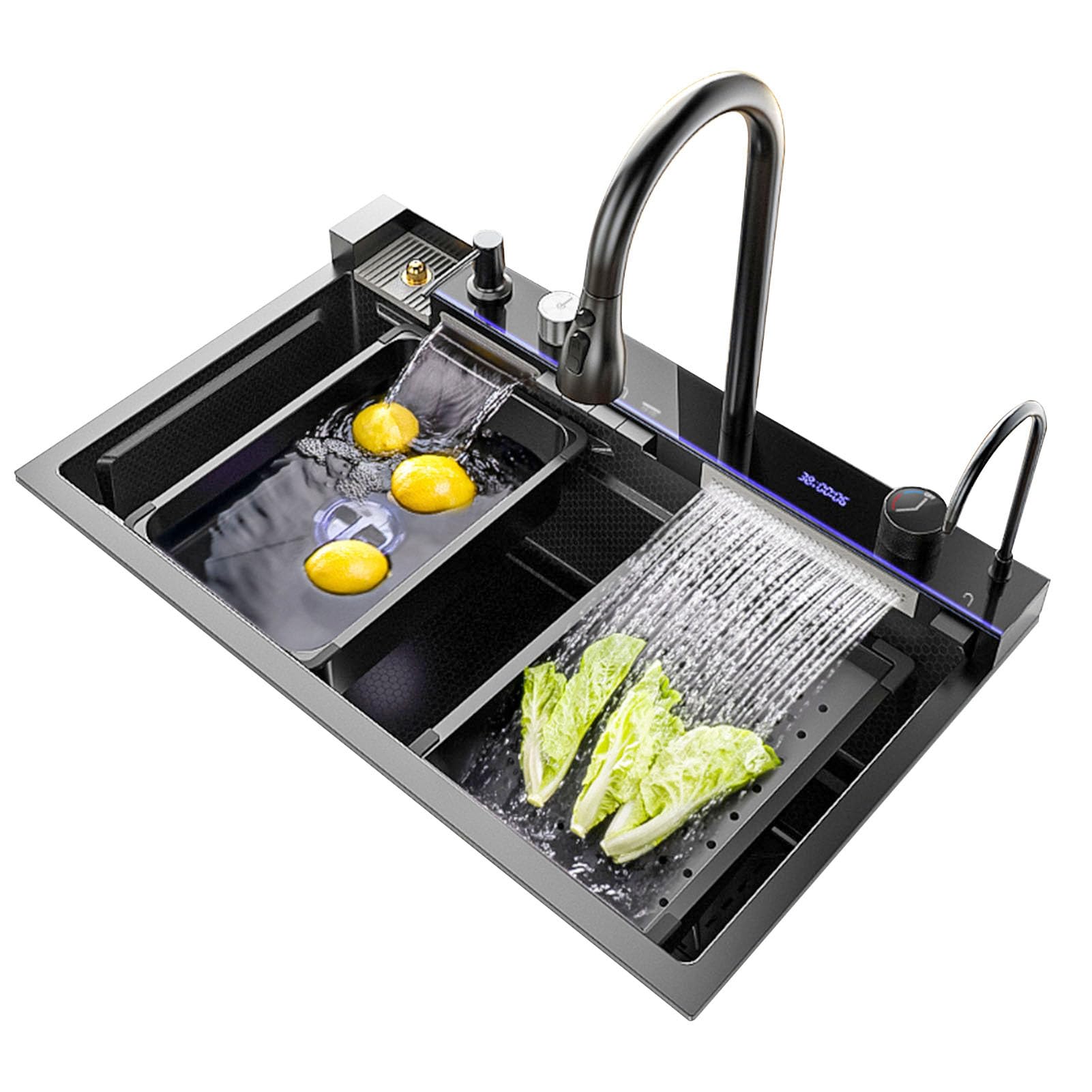 YADZISW Smart Digital Display Stainless Steel Nano Sink with Waterfall Faucet - Single Bowl Workstation Kitchen (Gun Gray 75x46x22CM)