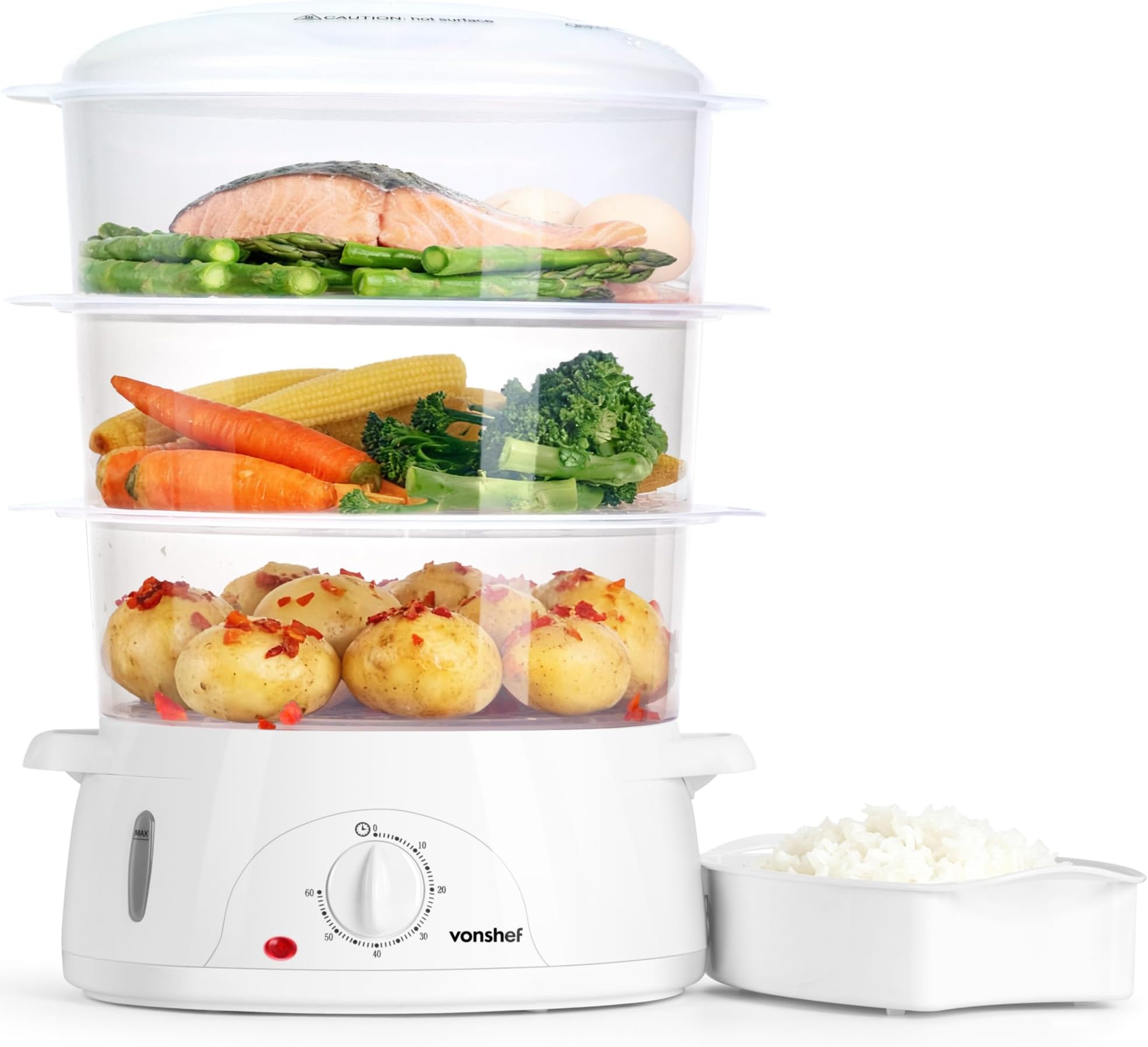 VonShef Food Steamer Electric 800W - 9L Capacity, 3 Stackable Tiers, BPA-Free, 60-Minute Timer, Boil-Dry Protection, Dishwasher Safe Parts & Rice Bowl Included, for Healthy Steam Cooking - White