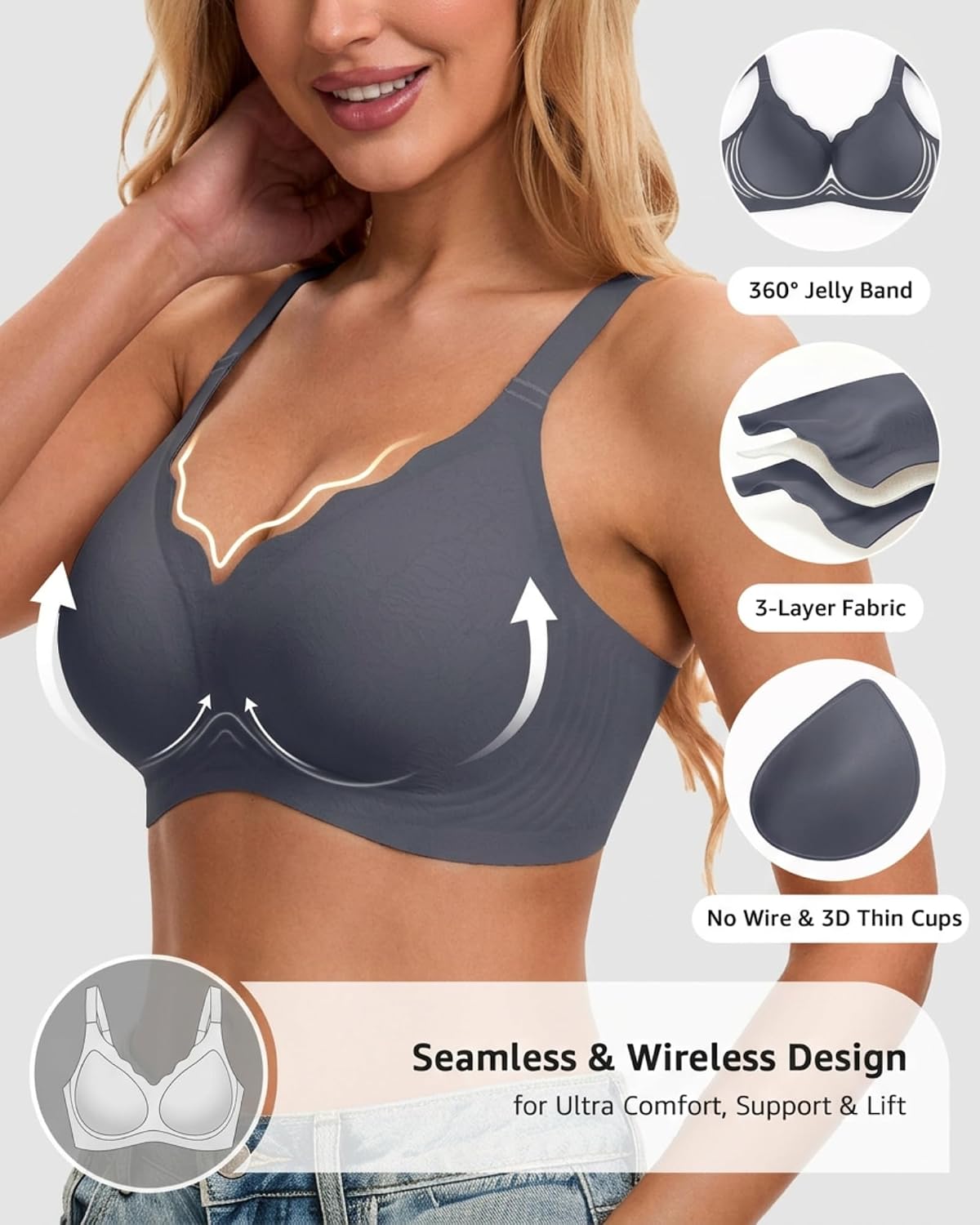 Zolaia Wireless Seamless Bra for Women Full Coverage Scalloped Bralette No Underwire Push Up Bra Everyday Comfort Tshirt Bras