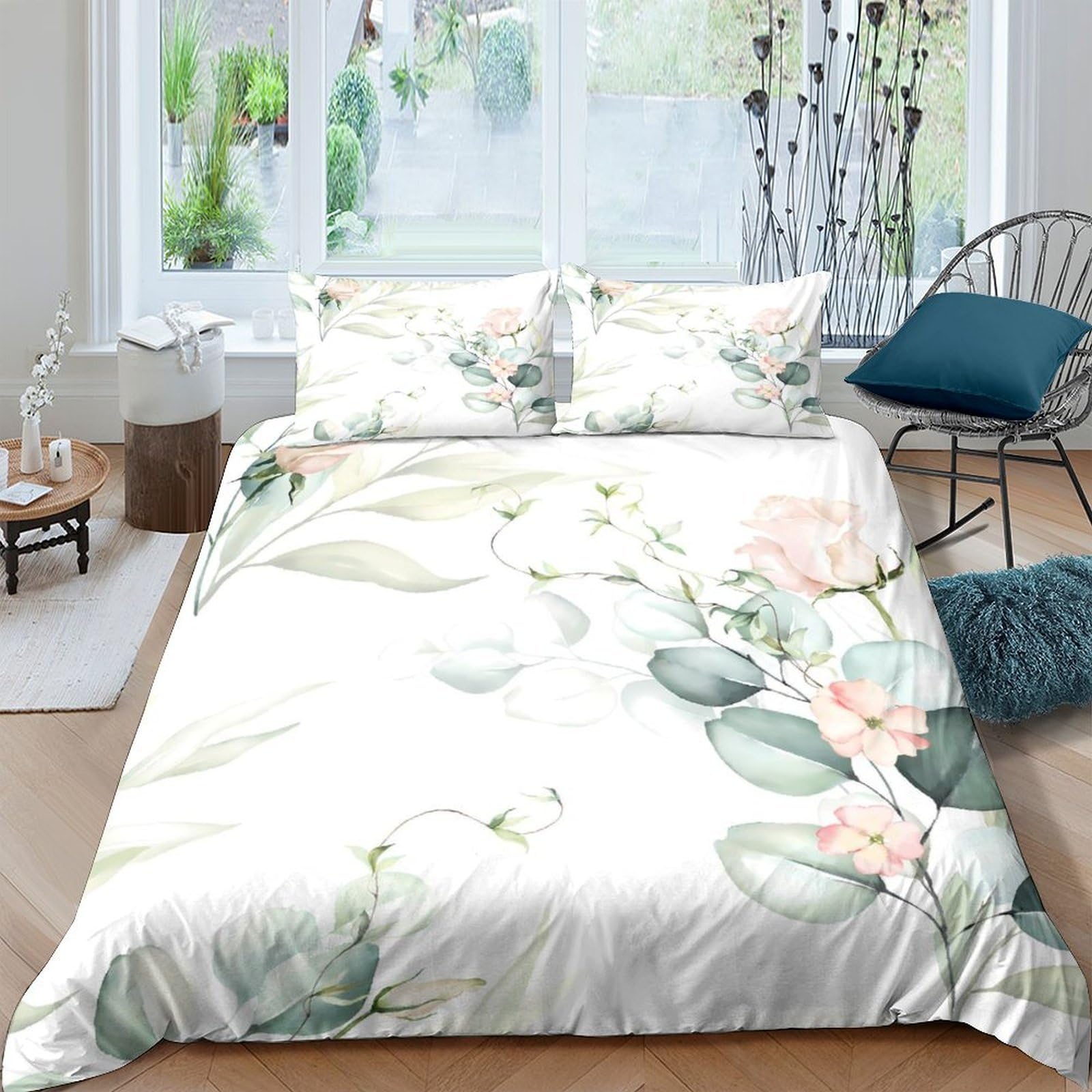 Ctjqhvkz Style-1 3D Printed Botanical Blossom Fitted Sheet Microfiber Soft Green Leaf Mattress Cover Floral Bedroom Décor Single（135X200cm）