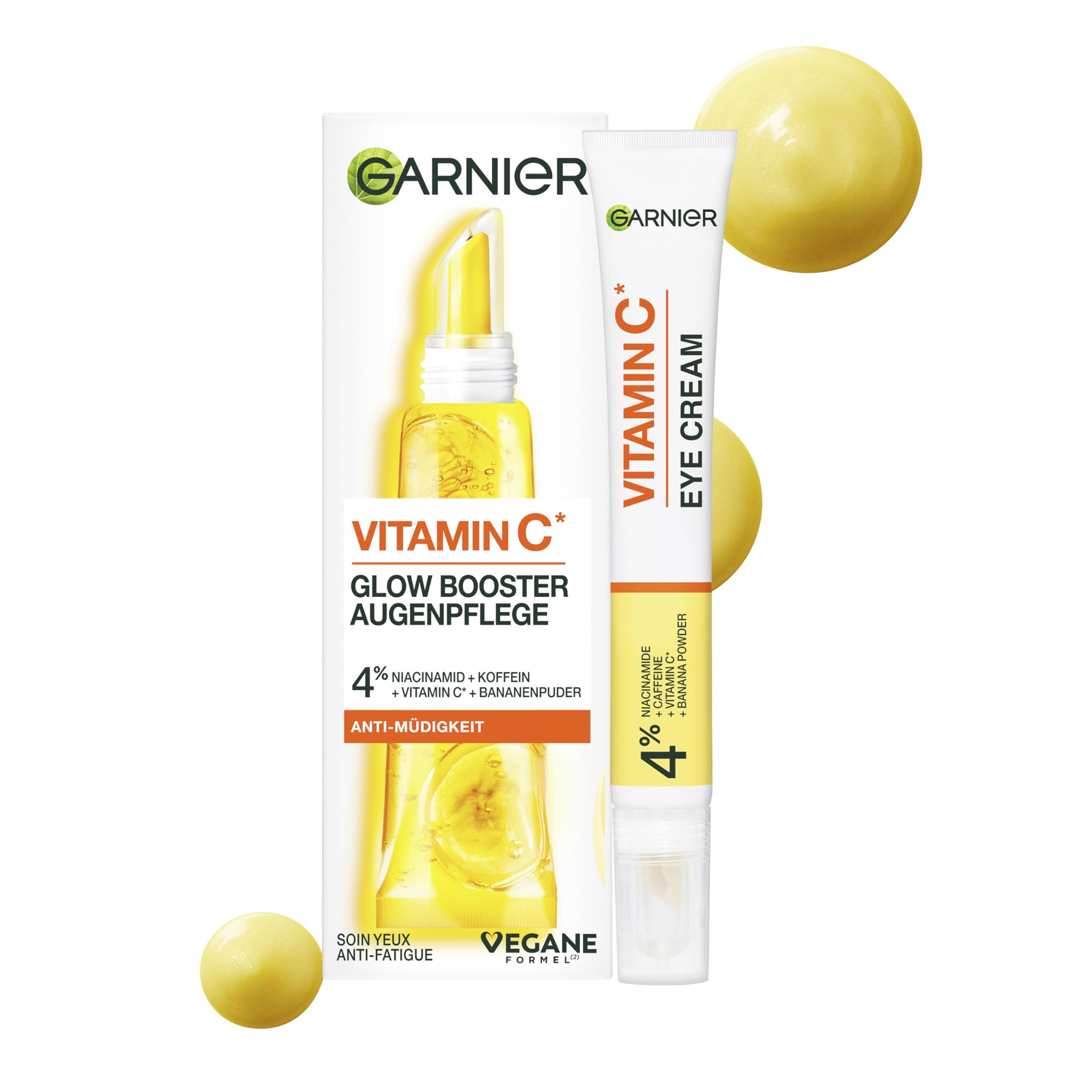 Garnier Vitamin C Anti-Müdigkeits Augencreme, Für eine strahlende und wache Augenpartie, Gegen Augenringe und Krähenfüße, Glow Booster Augenpflege, SkinActive, 1 x 15 ml
