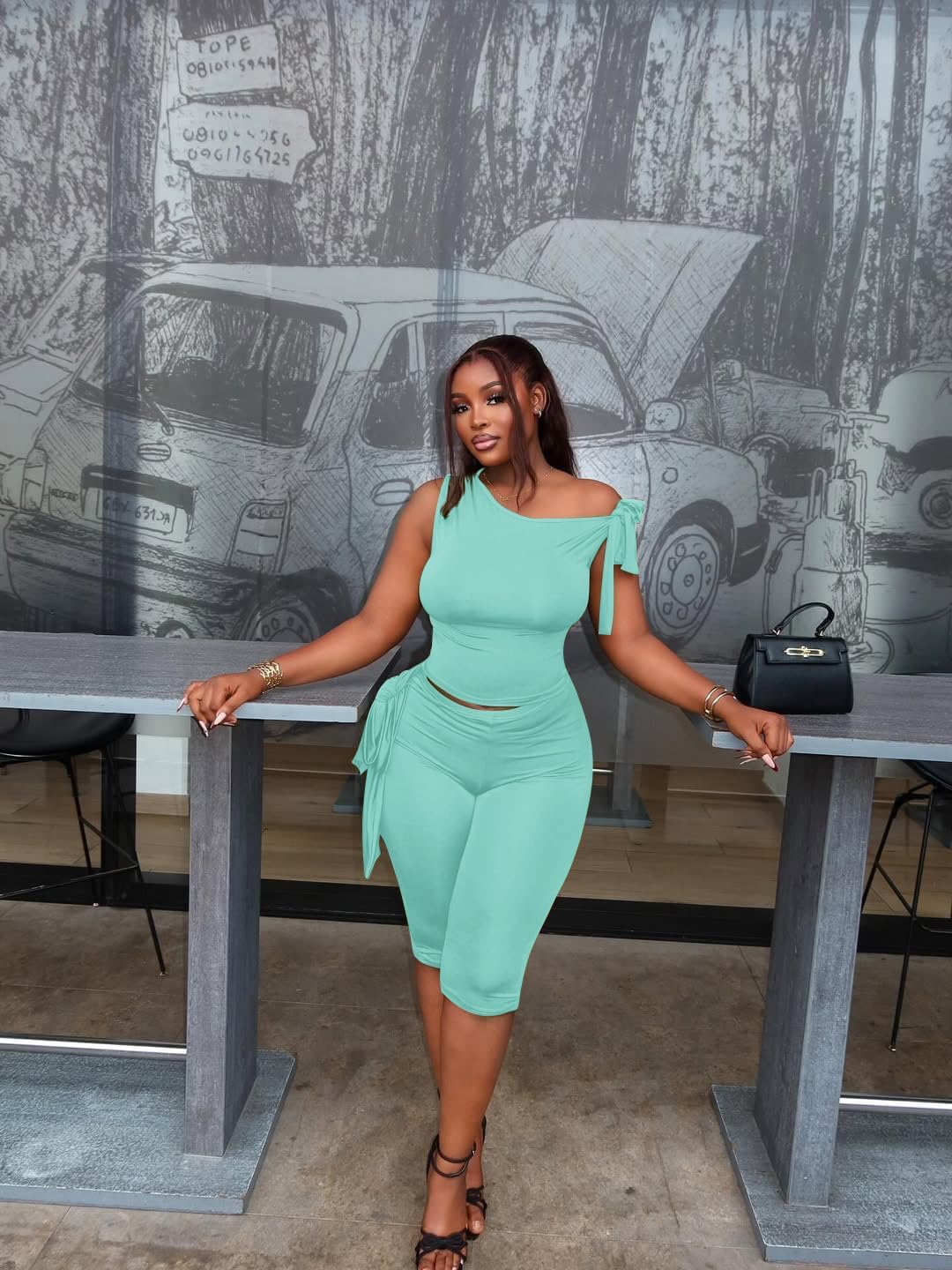 Vssjavun Women's 2 Piece Outfits Sexy Sleeveless One Shoulder Crop Tops Bodycon Capri Pants Sets - Image 5