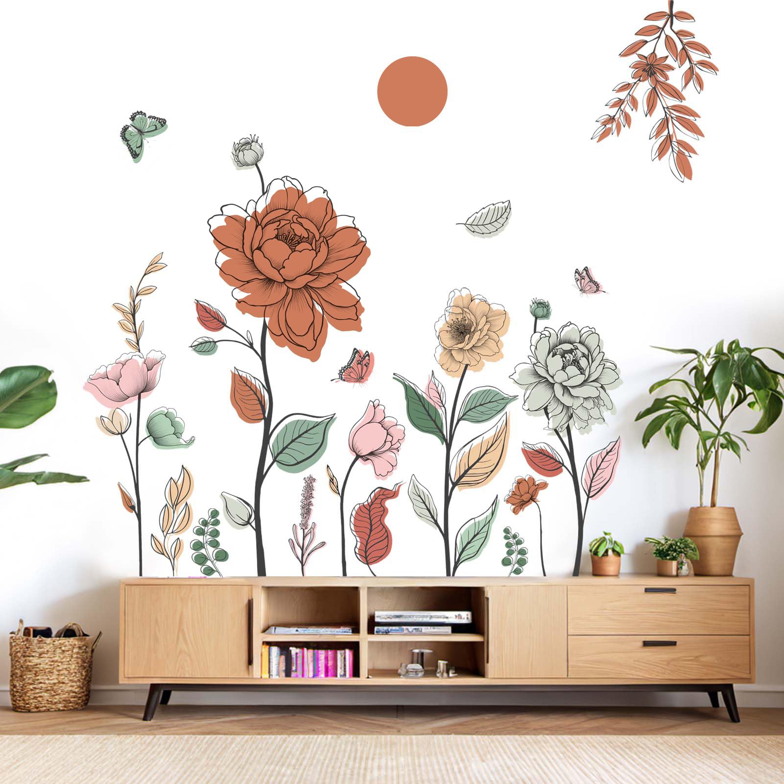 Boho Flower Wall Stickers for Bedroom: Peel and Stick Wildflower Floral Butterflies Wall Stickers - Image 2
