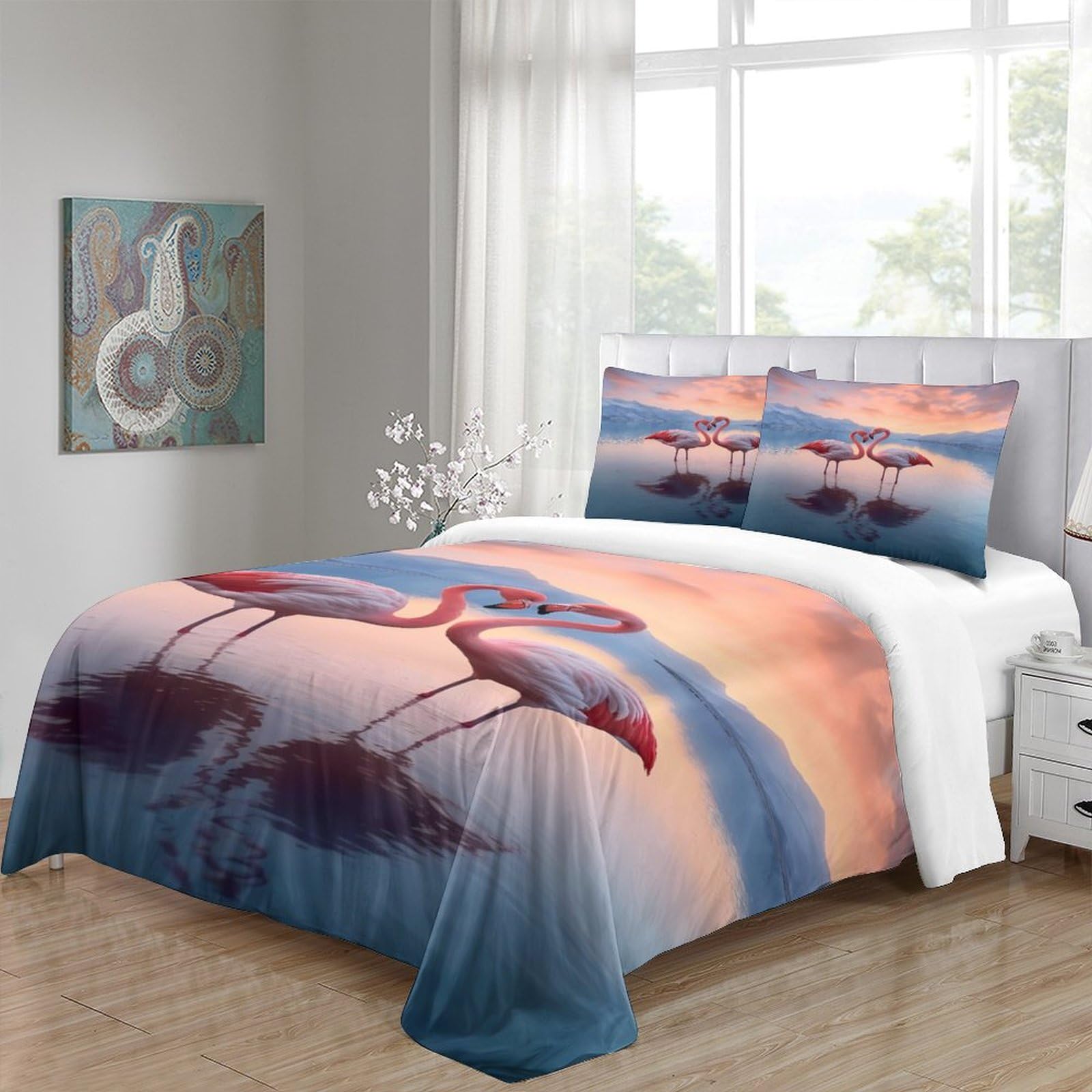 Flamingo-Pärchen 3D-Druck 3er-Set Bettbezug Romantische Naturszene Bettdeckenbezug Mikrofaser Atmungsaktiv Reißverschluss für Jungen Männer Frauen King（220x240cm）
