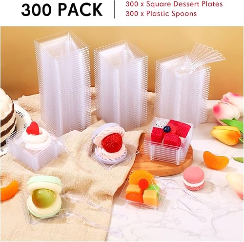 Miniatura 4 de Gandeer 300 mini platos de postre con 300 cucharas de degustación, platos pequeños cuadrados de aperitivos desechables de plástico transparente para