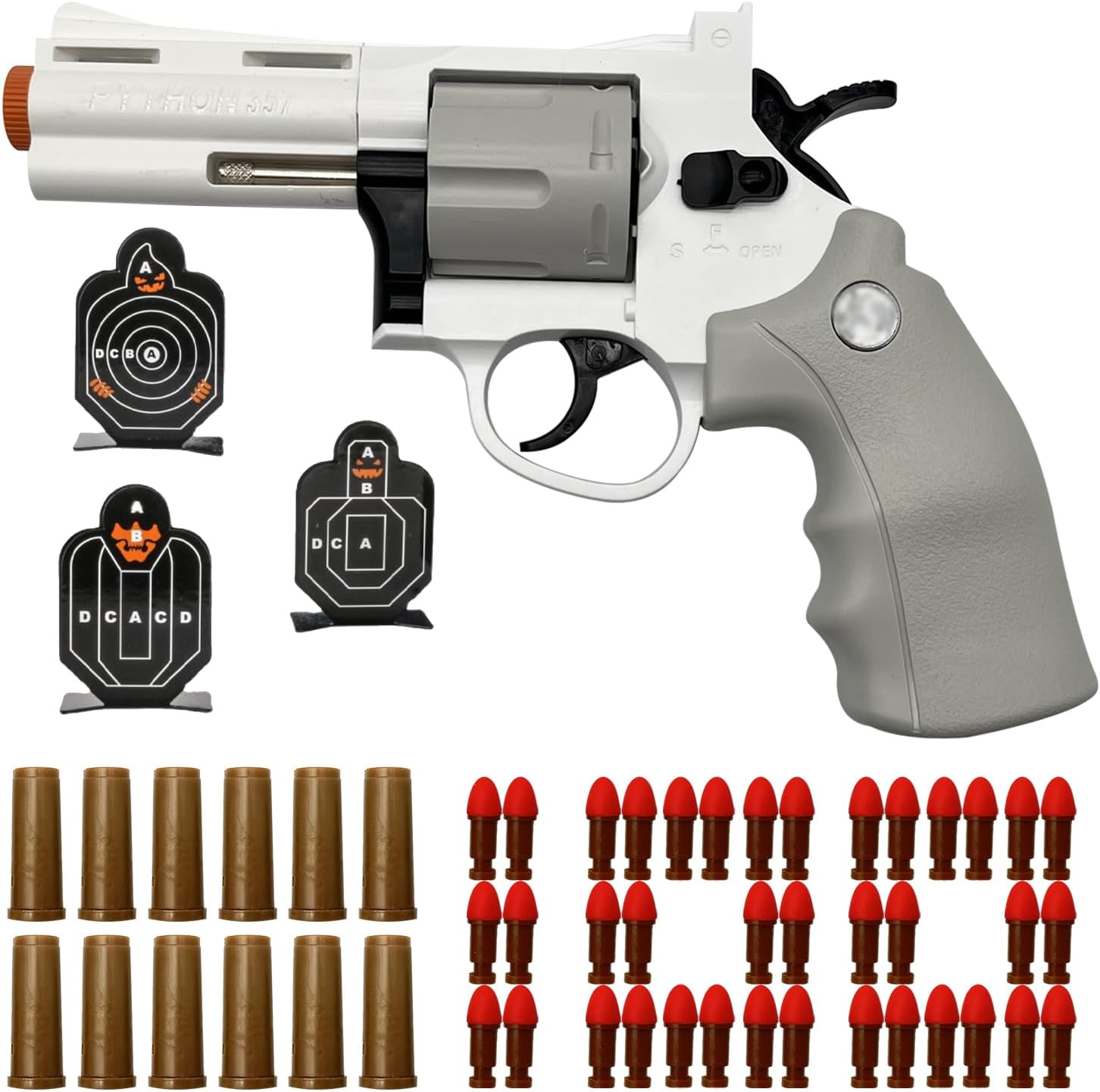 Dreamplay Soft Bullets Revolver Toy Gun, Realistic Foam Blasters Revolver Shooting Game Role-Playing Props Gifts for Adults Children with 12 Shells 100 Bullets and 3 Targets (White)