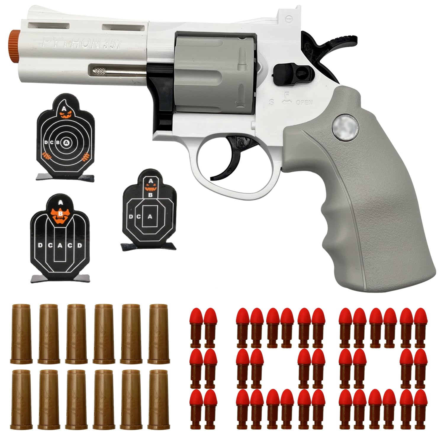 Dreamplay Soft Bullets Revolver Toy Gun, Realistic Foam Blasters Revolver Shooting Game Role-Playing Props Gifts for Adults Children with 12 Shells 100 Bullets and 3 Targets (White)