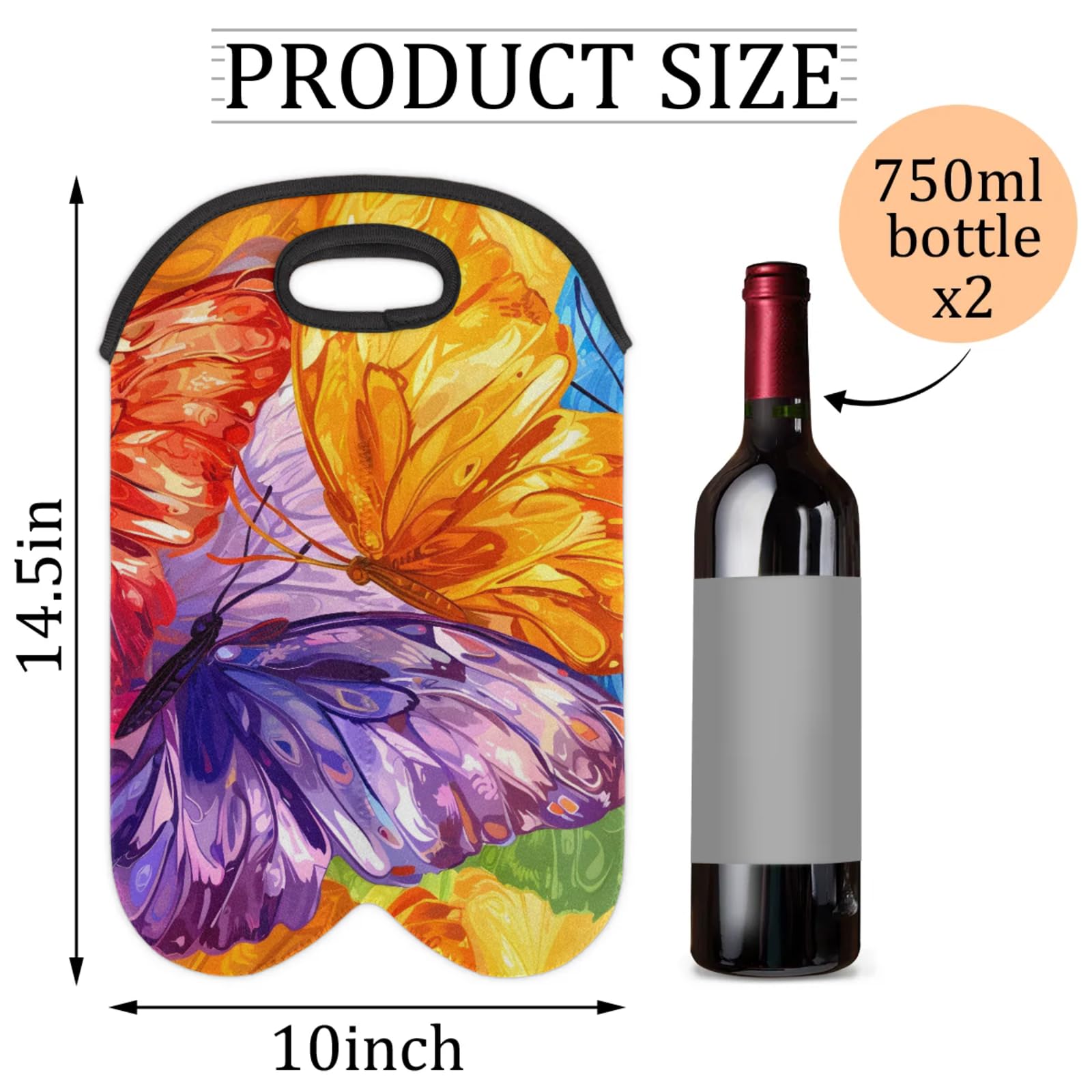 GzLeyigou 2 Bottles Butterfly Colorful Wine Bag Sleeve Totes Neoprene Protective Wine Carrier Bag for Wine,Water, Champagne, Beer, Baby Bottles,Gift 14.5 x 10 Inches