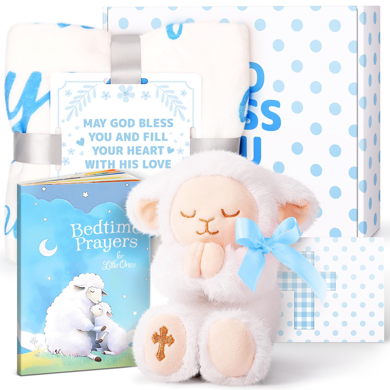Regalo per battesimo per ragazzi, set regalo per battesimo cattolico per neonati, regalo di battesimo con agnello di peluche, braccialetto e sacchetto, libro di fiabe, coperta per battesimo, regalo di