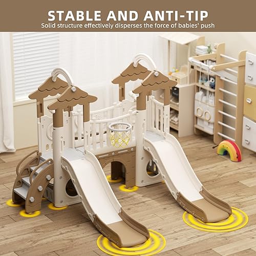 Miniatura 8 de XJD Juego de tobogán 9 en 1 para niños pequeños, juego de doble tobogán de selva con aro de baloncesto, túnel y espacio de almacenamiento, tobogán