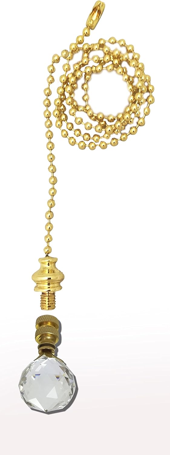 Royal Designs Celling Fan Pull Chain Beaded Ball Extension Chains with Decorative Medium Faceted Diamond Cut Crystal, Polished Brass