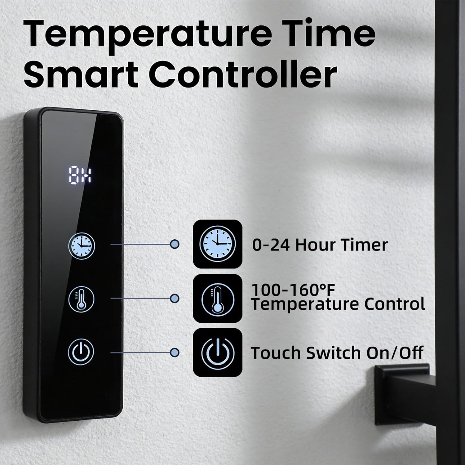 Black Electric Towel Warmer Rack, Wall Mounted Heated Towel Rack with T3 Touch Control, 0–24H Timer & 100–160°F Temperature, 304 Stainless Steel Bathroom Towel Dryer, 110V