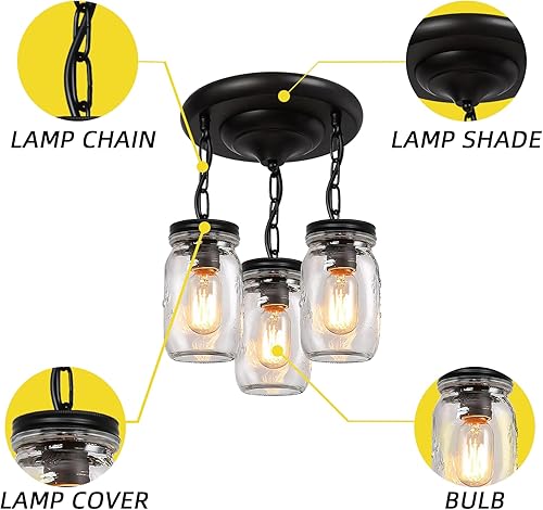 Miniatura 5 de Jasopaco Lámparas de cristal con 3 luces colgantes de techo de montaje empotrado, luces negras de granja para cocina, comedor, vestíbulo, escalera,