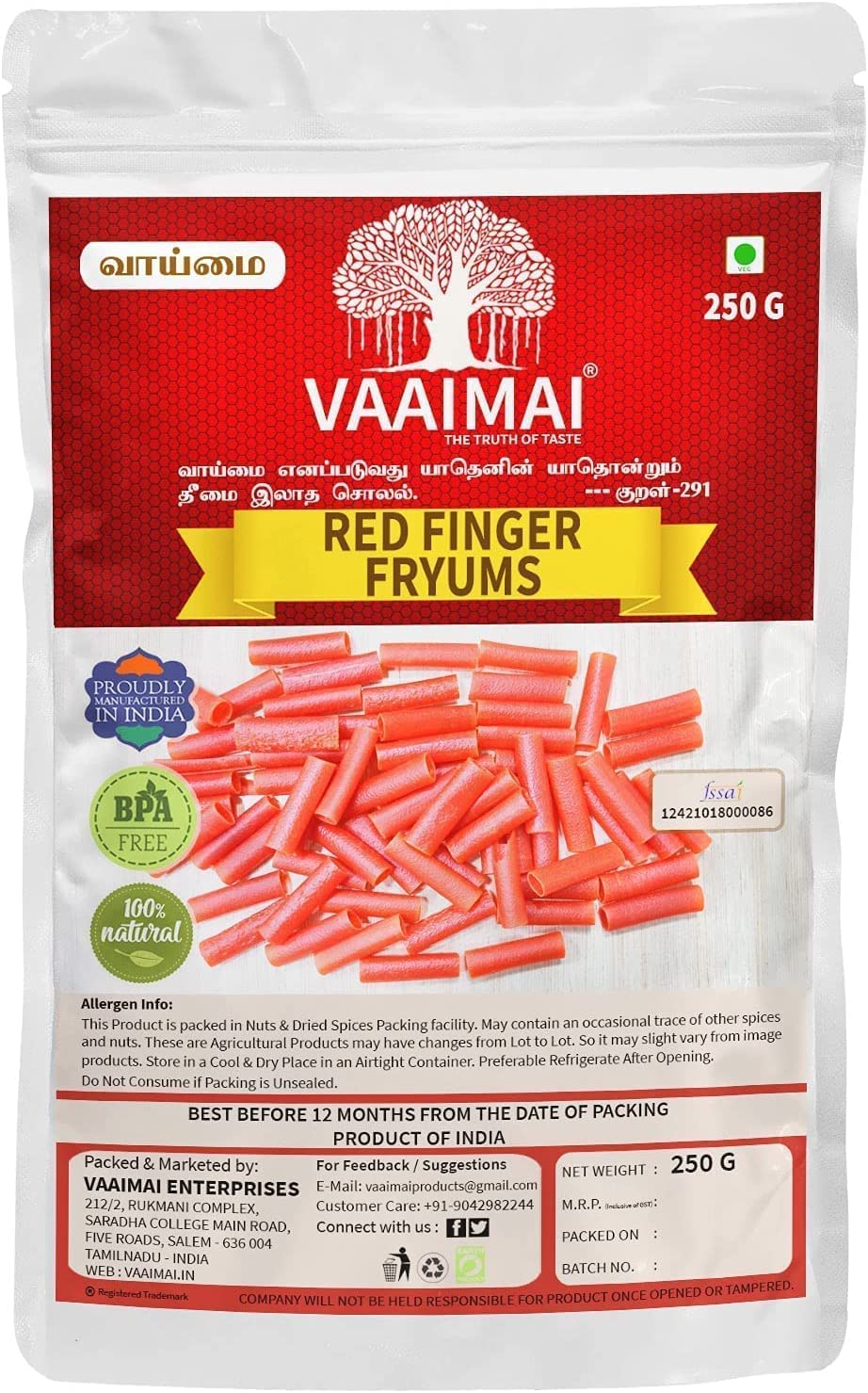 VAAIMAI Fryum z czerwonymi palcami - fryum w kształcie czerwonego palca - chrupiące gotowe do smażenia przekąski, 250 g